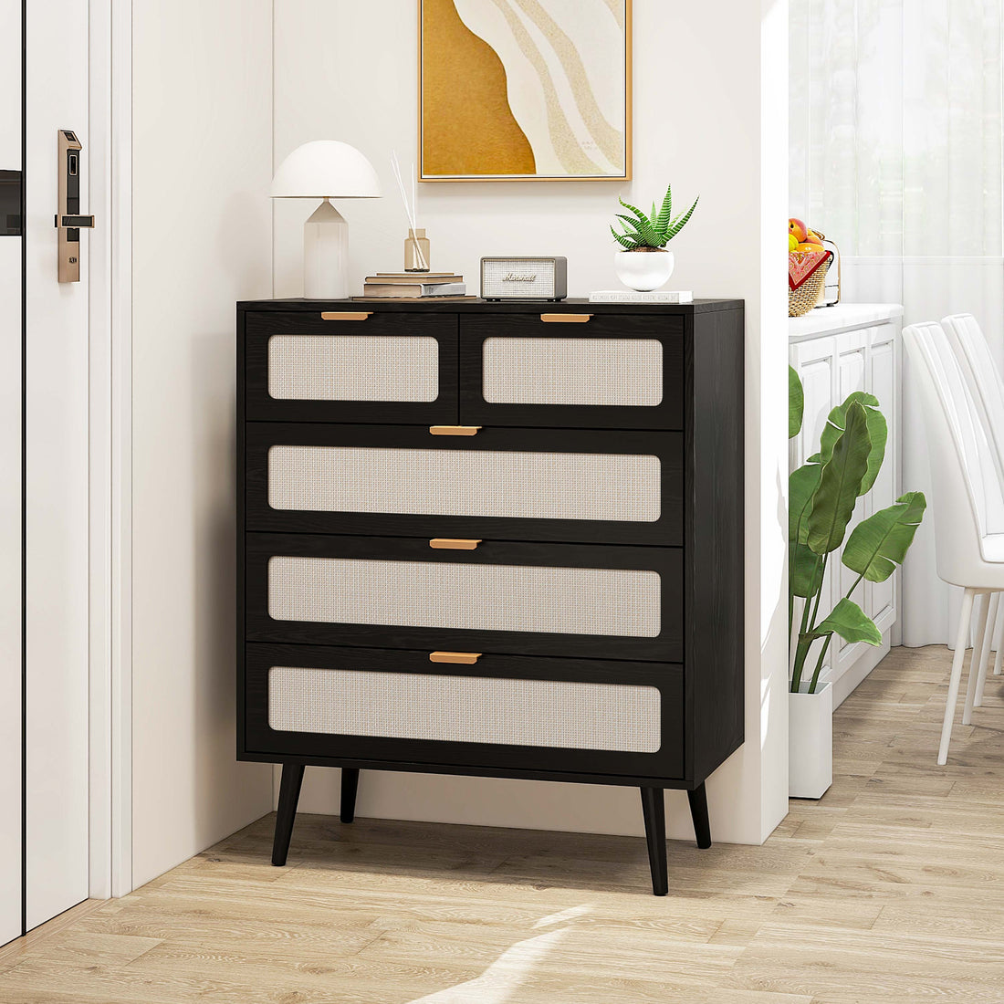 5 Drawer Cabinet, Accent Storage Cabinet, Suitable For Living Room, Bedroom, Dining Room, Study Black Mdf