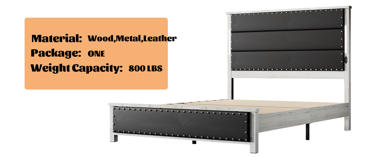 Queen Size Bed Frame With Upholstered Headboard, Queen Bed Frame With Charging Station And Led Lights, Wood Slats, Dark Gray Faux Leather & Rivets, No Box Spring Needed, Easy Assembly Box Spring Not Required Queen Antique White Gray Wood Bedroom Bed