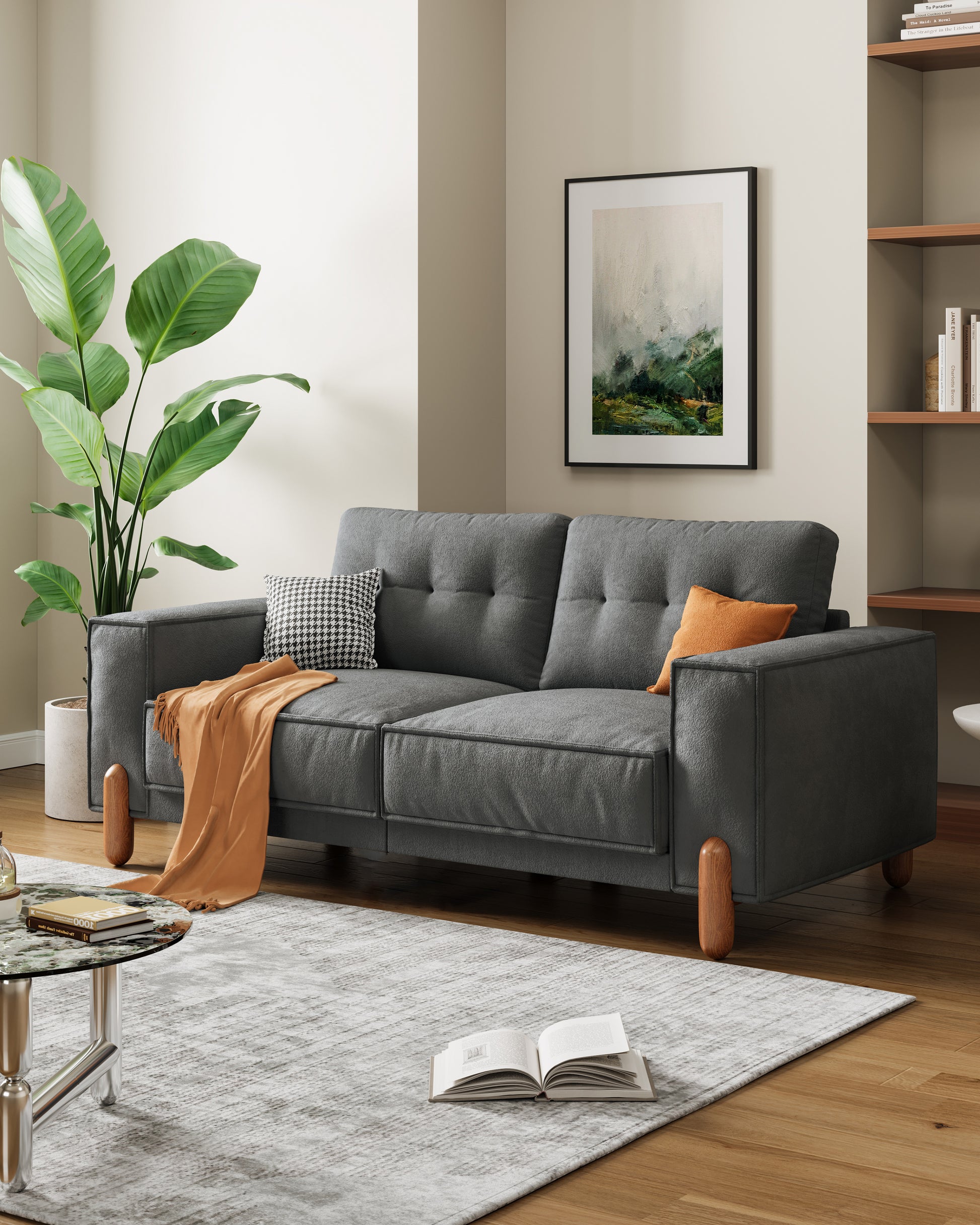 Couches For Living Room,Modern Fabric Upholstered Sofa Tufted Couch With Square Arm And 4 Solid Wood Legs 2 Pillows Decor For Living Room, Office, Apartment Gray Chenille