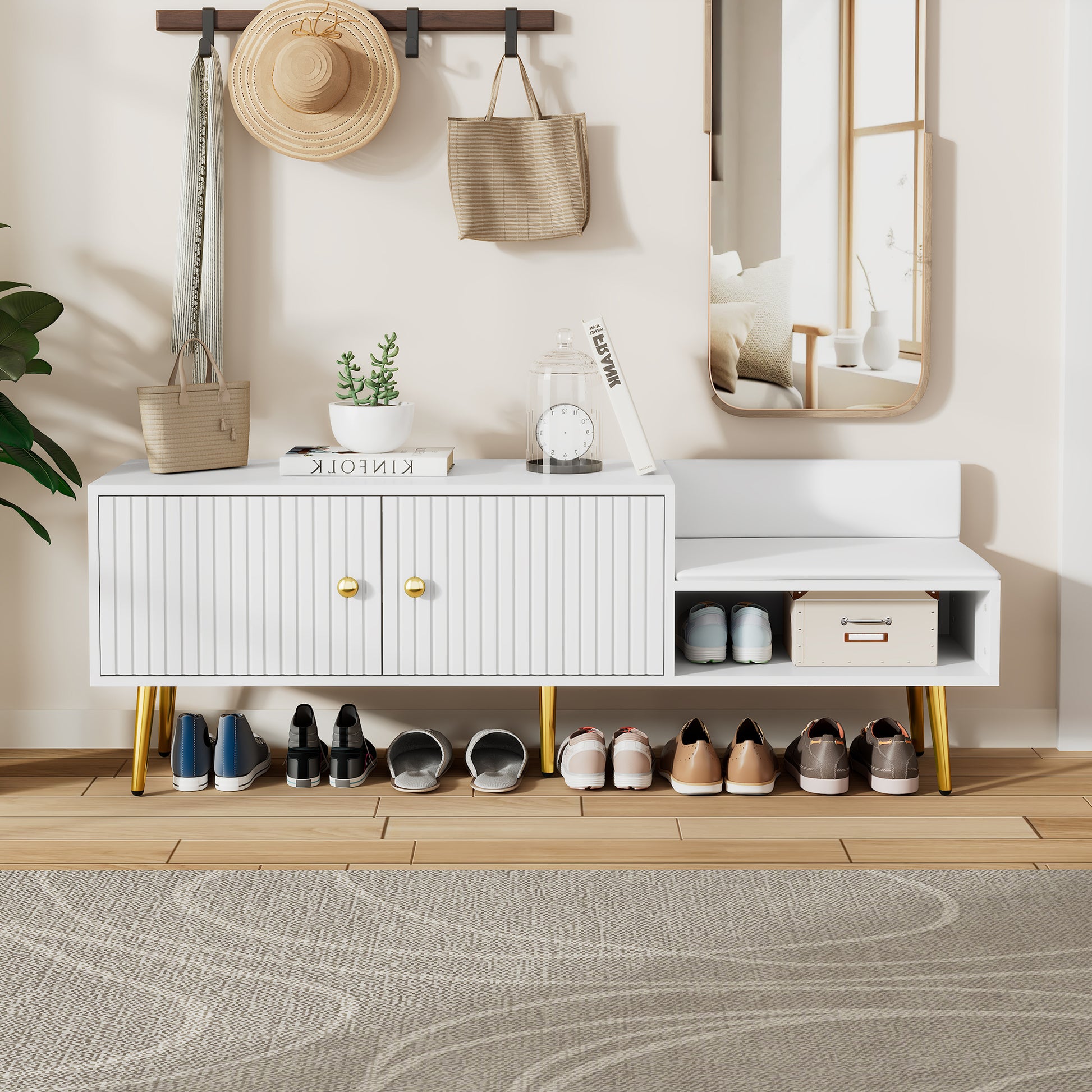 Modern Shoe Storage Bench With Hidden Storage And Upholstered Cushions For Bedside, Living Room And Entryway White White Mdf Metal