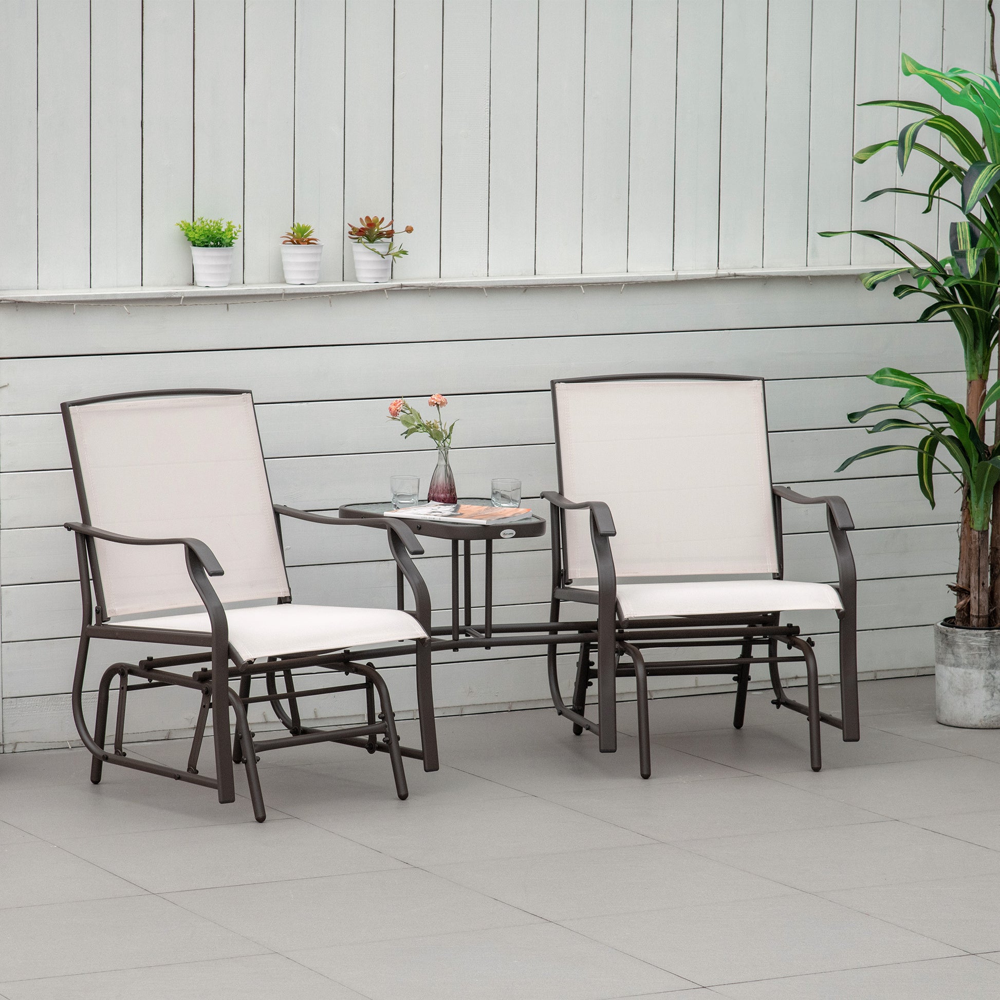 Outsunny Outdoor Glider Chairs With Coffee Table, Patio 2 Seat Rocking Chair Swing Loveseat Withsling For Backyard, Garden, And Porch, Beige Beige Fabric Metal