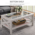 Homcom Farmhouse Style Coffee Table With Wood Frame, Tempered Glass Tabletop And Underneath Storage Shelf, Side Table For Living Room, 39.25
