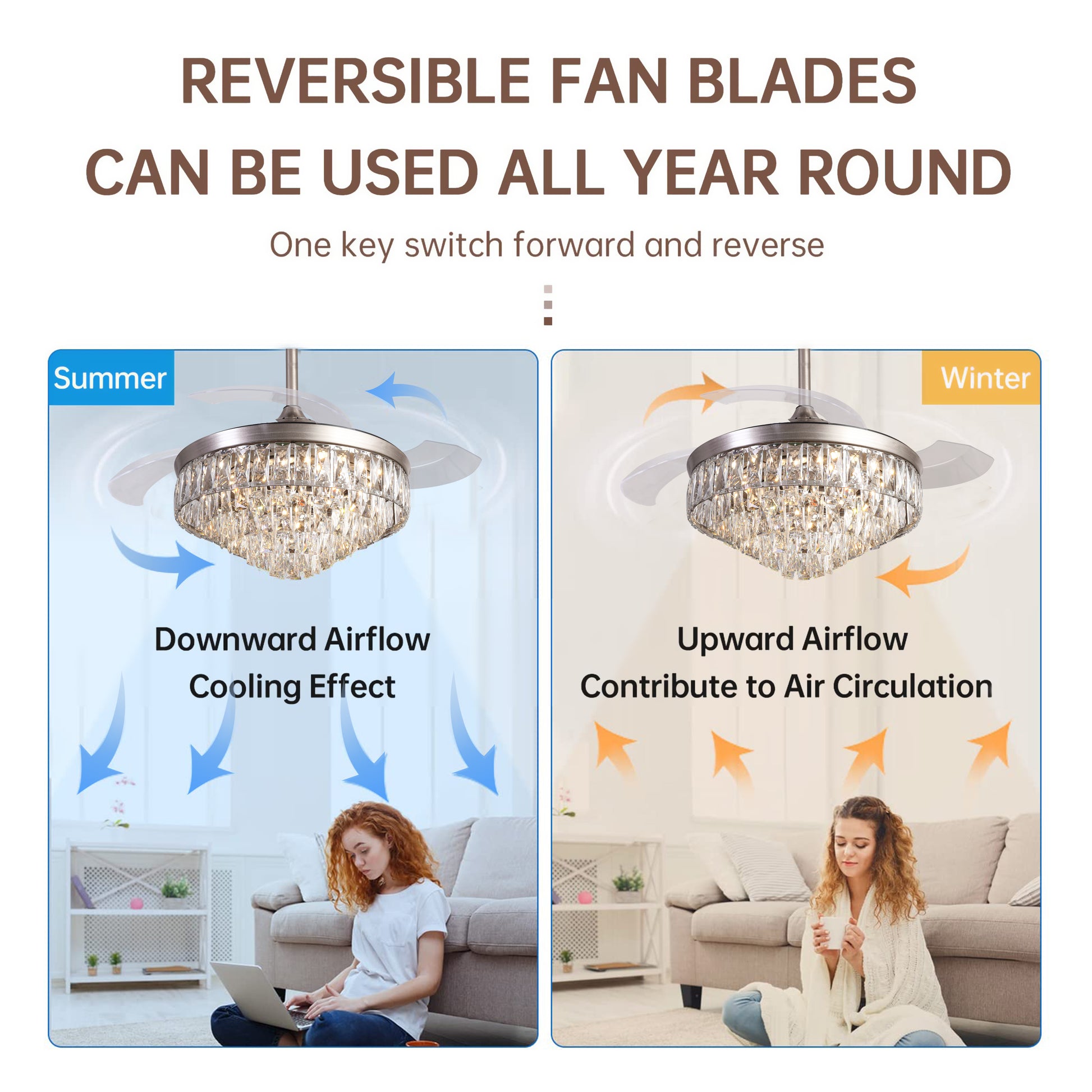 42 Inches Crystal Ceiling Fan Silver Crystal Ceiling Fan Chandelier With Remote 6 Speeds 3 Colors Changes Lighting Fixture, 3 Blades Retractable Fans For Bedroom Living Room Dining Room, Silver Silver Luxury Abs Steel Q235