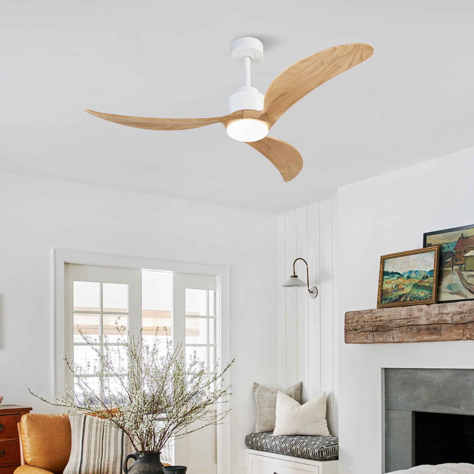 52" Ceiling Fan With Dimmable Led Light Remote Control,Quiet Dc Motor 6 Speed Levels,Adjust Height 3 Pcs Rod Reversible Ceiling Fan, For Patio Living Room, Bedroom, Office,Indoor. White Natural White Farmhouse,Industrial Iron Wood