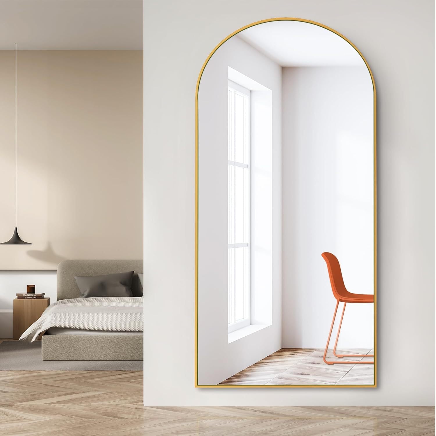 Dolonm 71X32 Inch Arch Full Length Mirror, Modern Design Standing Floor Mirror, Full Body Mirror For Living Room, Bedroom, Bathroom, Cloakroom, Hallway, Gold Wooden Frame Golden Mirror