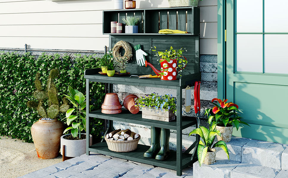 65" Large Wooden Farmhouse Rustic Outdoor Potting Bench Table, Patio Workstation, Garden Potting Bench With 4 Storage Shelves And Side Hook, Forest Green Green Garden & Outdoor Casual Wood Solid