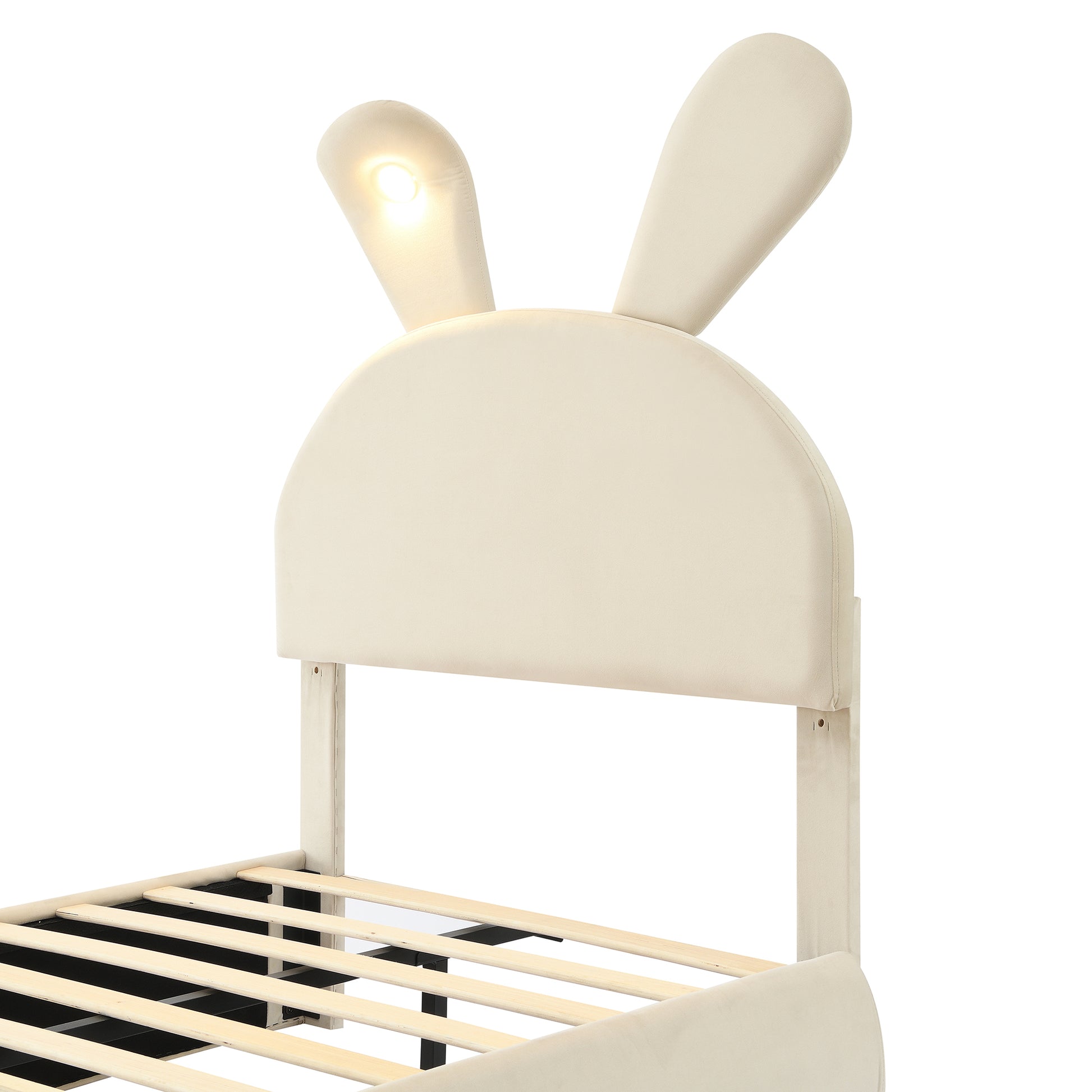 Twin Size Upholstered Platform Bed With Cartoon Ears Shaped Headboard And Light, Beige Box Spring Not Required Twin Beige Wood Bedroom Bed Frame Velvet Upholstered