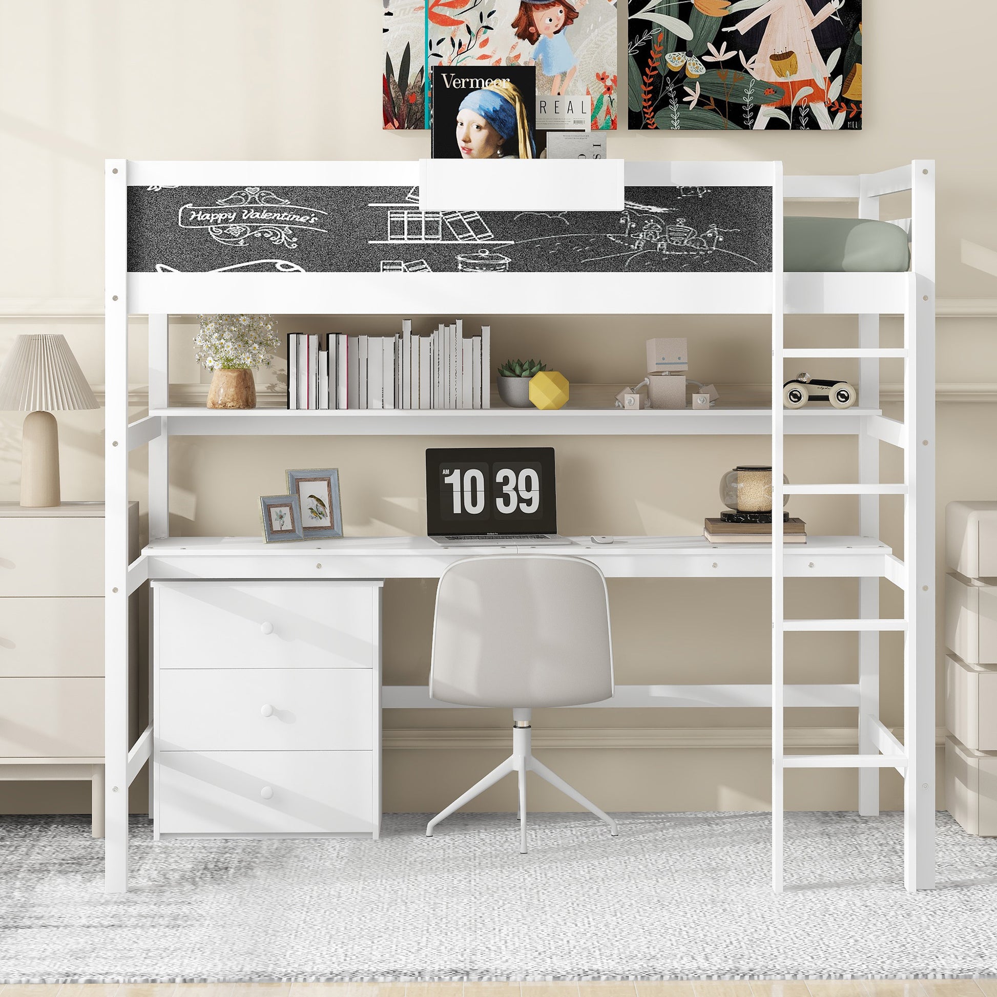 Wood Twin Size Loft Bed With Desk, Blackboard, Storage Box, Shelf And 3 Drawers, White Box Spring Not Required Twin White Wood Solid Wood Mdf