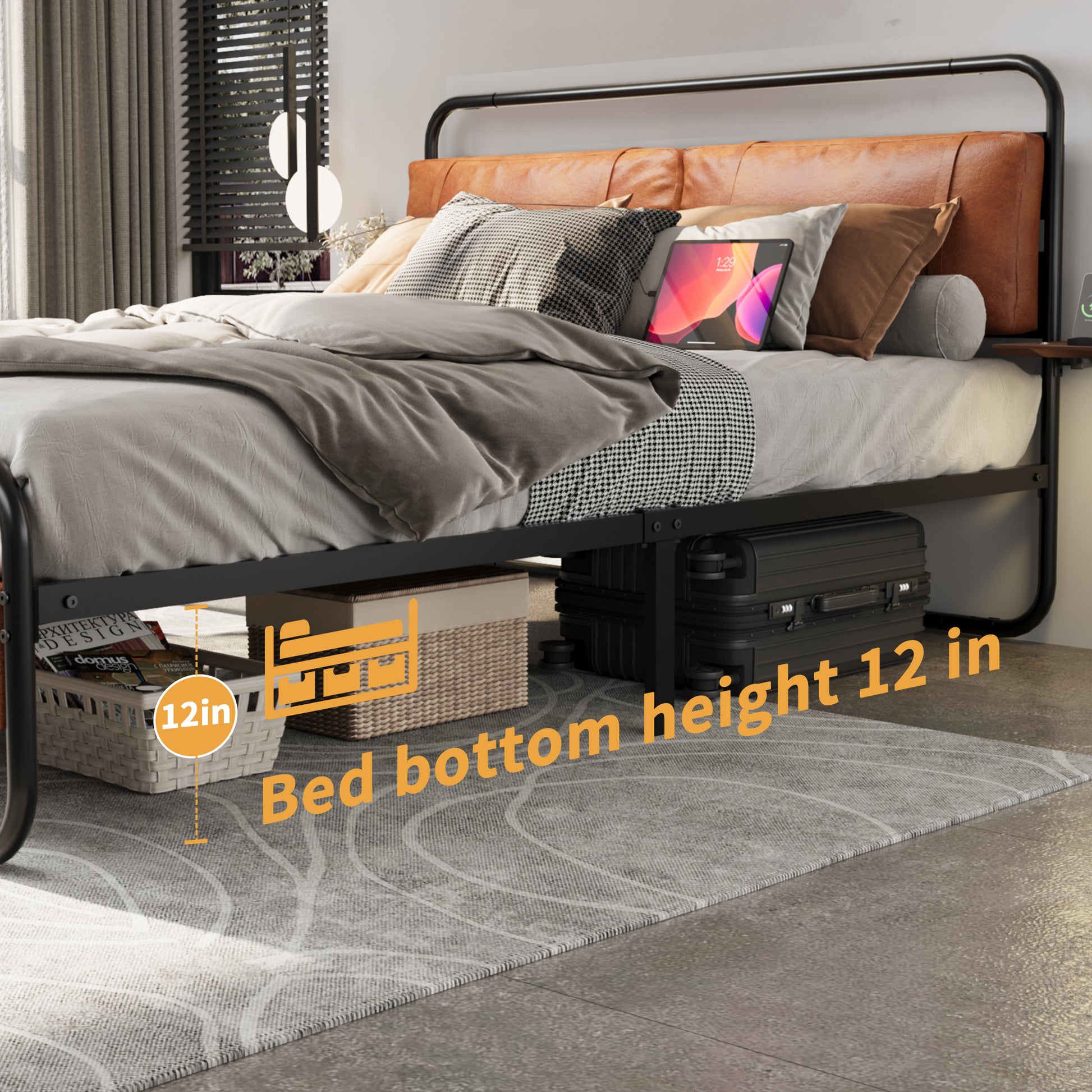 Queen Size Metal Bed Frame With Upholstered Headboard, With Wireless Charging And Usb A & Usb C, Touch Led Light,Oval Shaped Platform Bed With Under Bed Storage, No Box Spring Needed, Vintage Brown Box Spring Not Required Queen Antique Brown Metal
