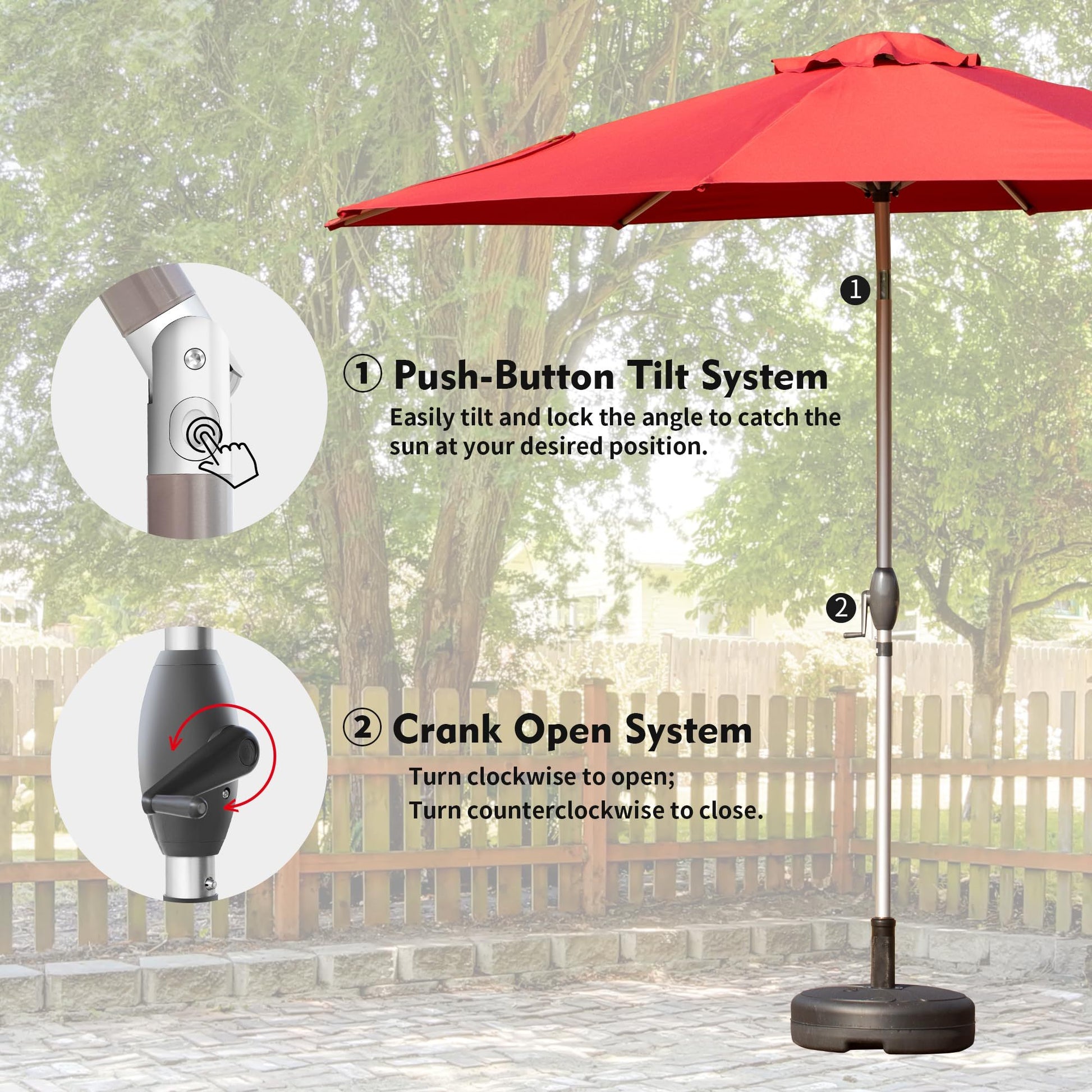 9Ft Patio Umbrella, Outdoor Table Umbrella With Push Button Tilt And Crank, Uv Protection Waterproof Market Sun Umbrella With 8 Sturdy Ribs For Garden, Deck, Backyard, Pool Brick Red Brick Red Round Uv Resistant Umbrellas Aluminium