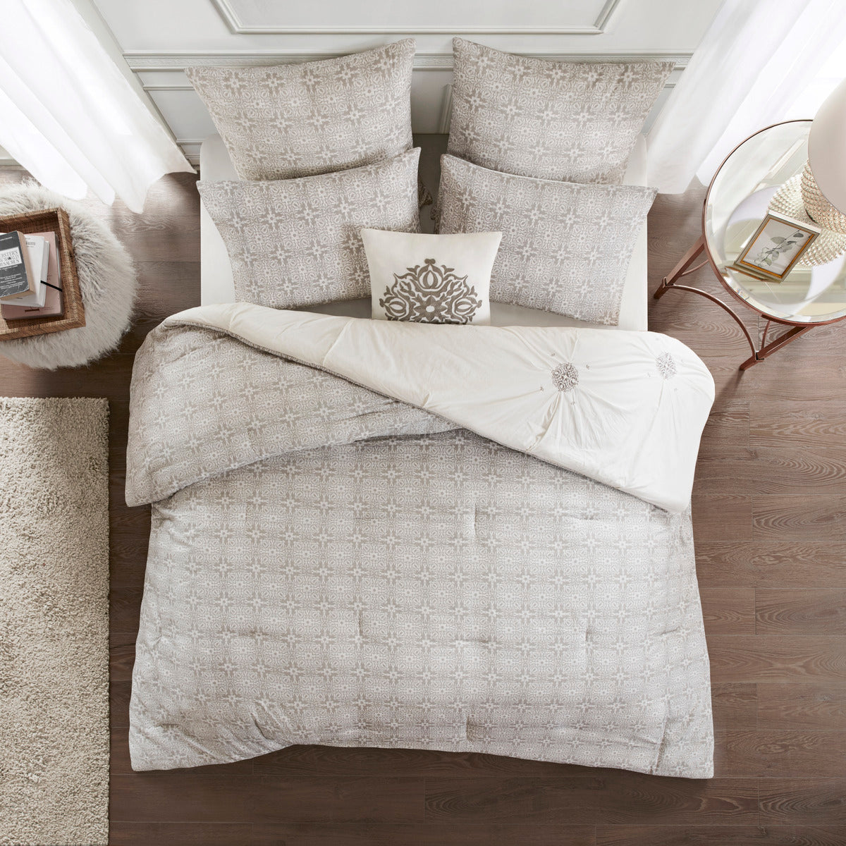 6 Piece Embroidered Cotton Reversible Comforter Set Ivory Full Queen Full Ivory Polyester