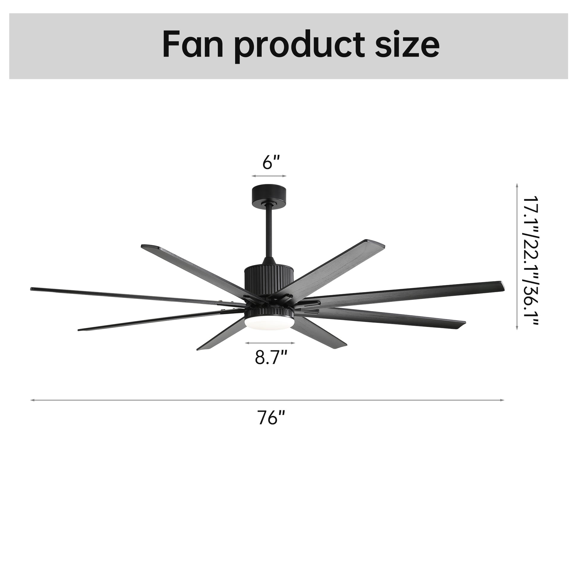 76 Inch With 18W Dimmable Led Light Remote Control 8 Solid Wood Blades Black For Living Room Black Metal & Wood