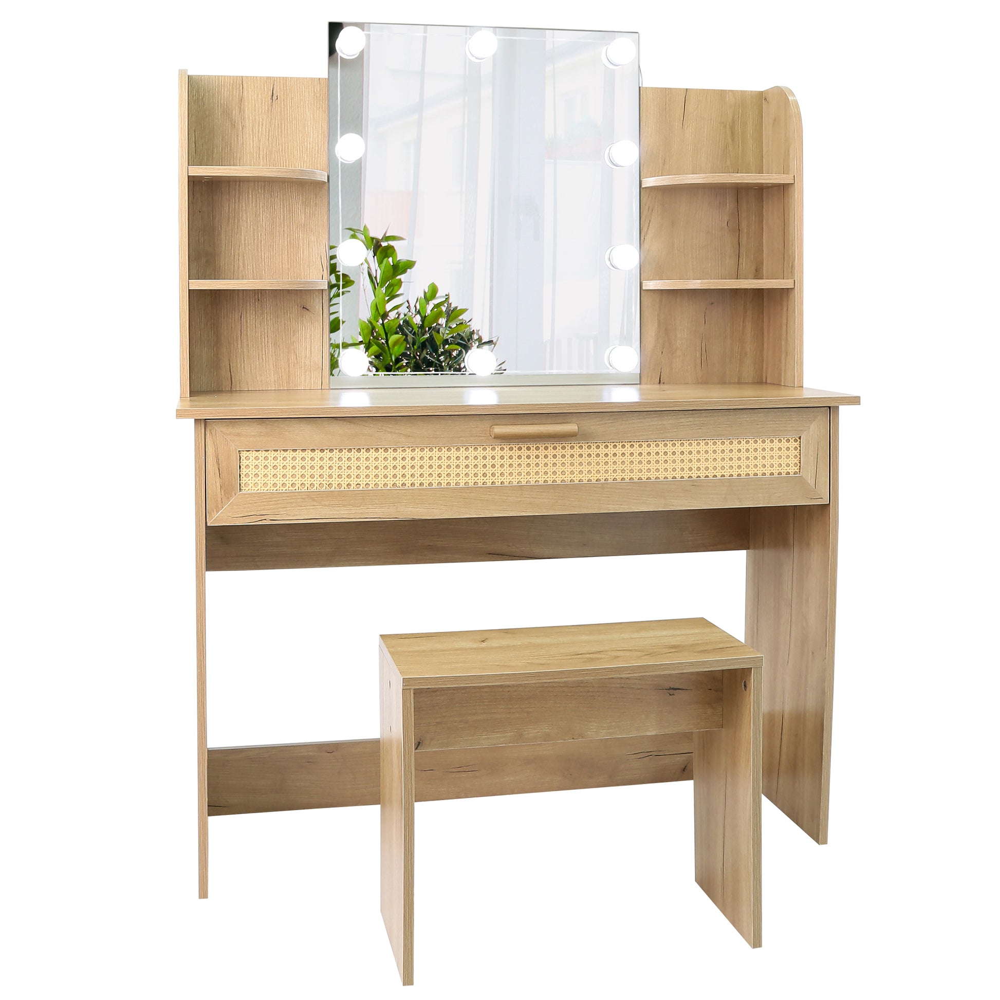 Vanity Desk Set Stool & Dressing Table With Led Lighting Mirror Drawer And Compartments Modern Wood Cosmetic Table Chest Of Drawers Nature Color Natural Wood Particle Board