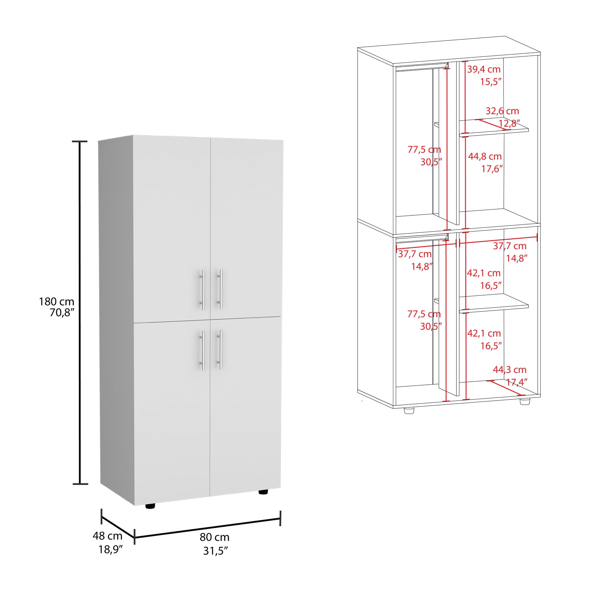 Hazel 70" High Four Door Armoire Wardrove Closet Cabinet, Six Shelves And Two Hanging Rods, Bedroom Clothes Storage Cabinet Organizer White White Bedroom Modern Particle Board