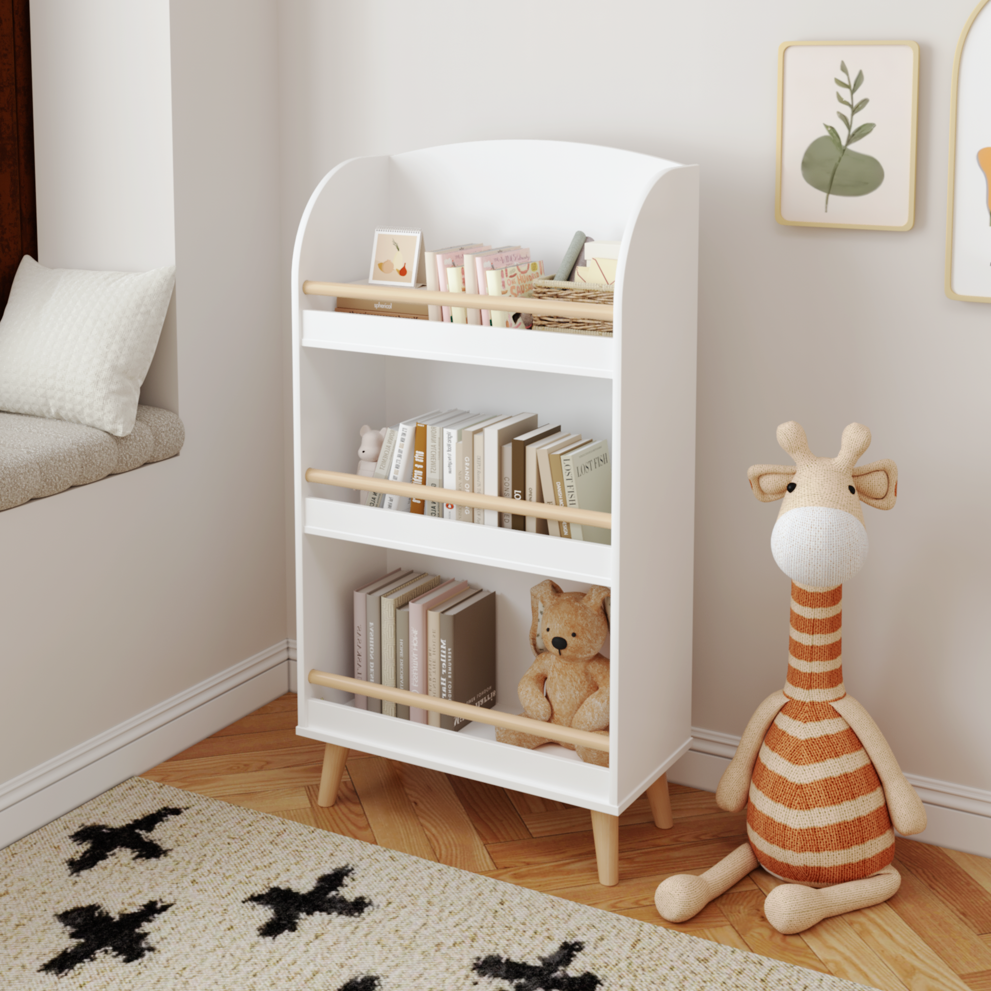 Kids Bookshelf, 3 Tier Bookcase, Book Organizer, Toy Storage Cabinet Organizer, White White Primary Living Space Mdf