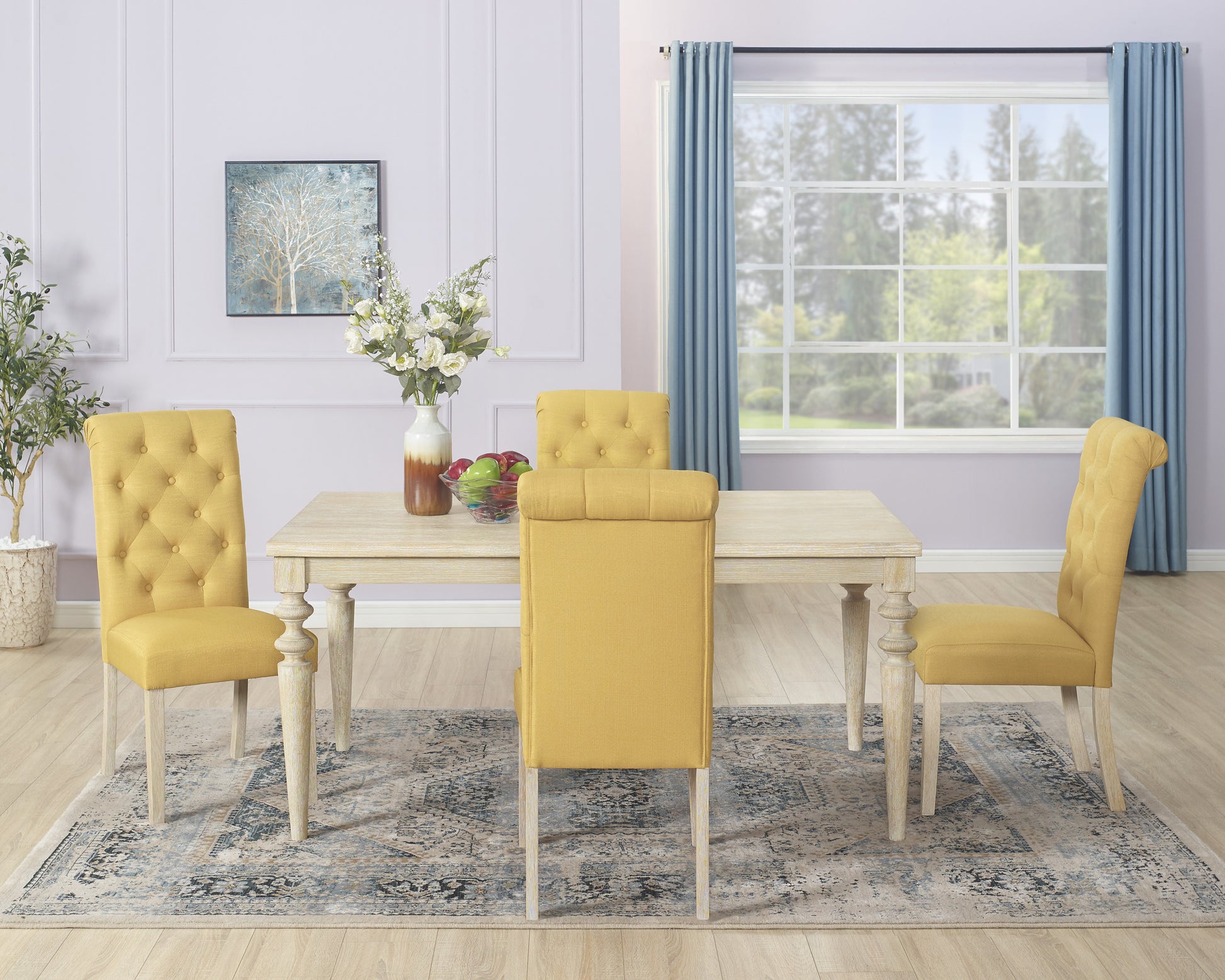 Amonia 5 Piece Dining Set, Turned Leg Dining Table With 4 Tufted Chairs Light Brown Wood Dining Room Fixed Table Rubberwood Rectangular Dining Table With Chair Wood Wood Beige Brown Seats 4 Rectangular 4 Leg Mdf
