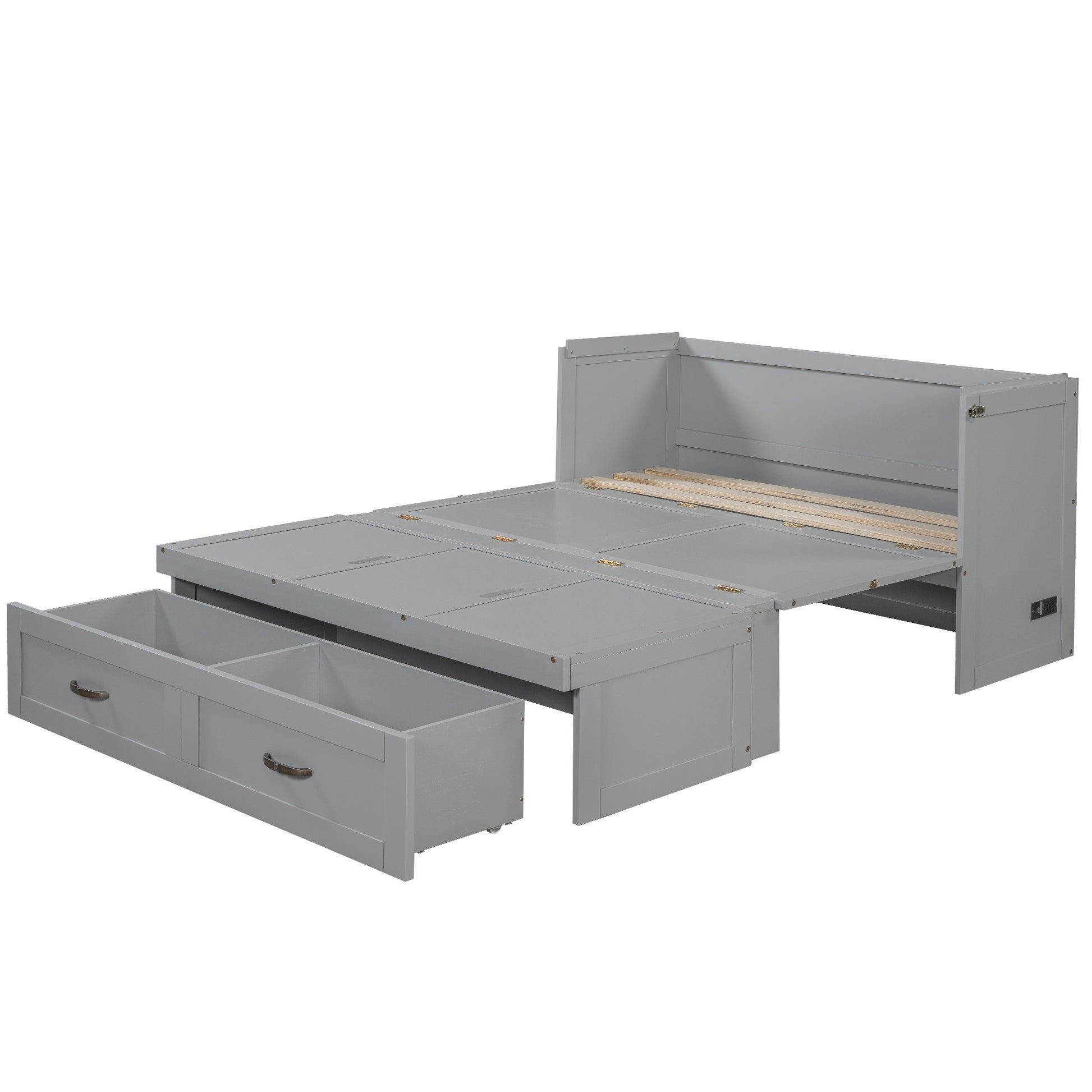 Full Size Murphy Bed With Usb Ports, Large Drawers And Metal Handles,Gray Full Gray Solid Wood Mdf