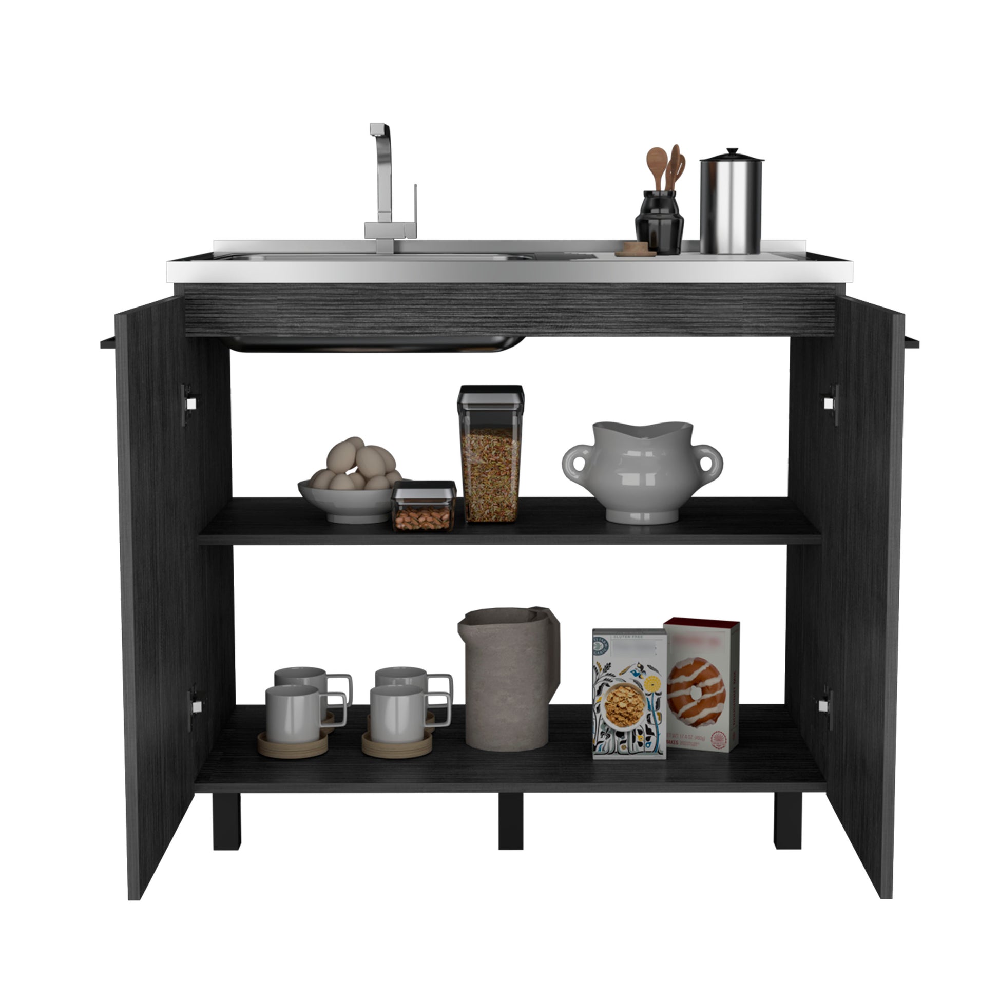 Napoles 2 Utility Sink With Cabinet, Stainless Steel Countertop, Interior Shelf Smokey Oak Smoke Grey Particle Board