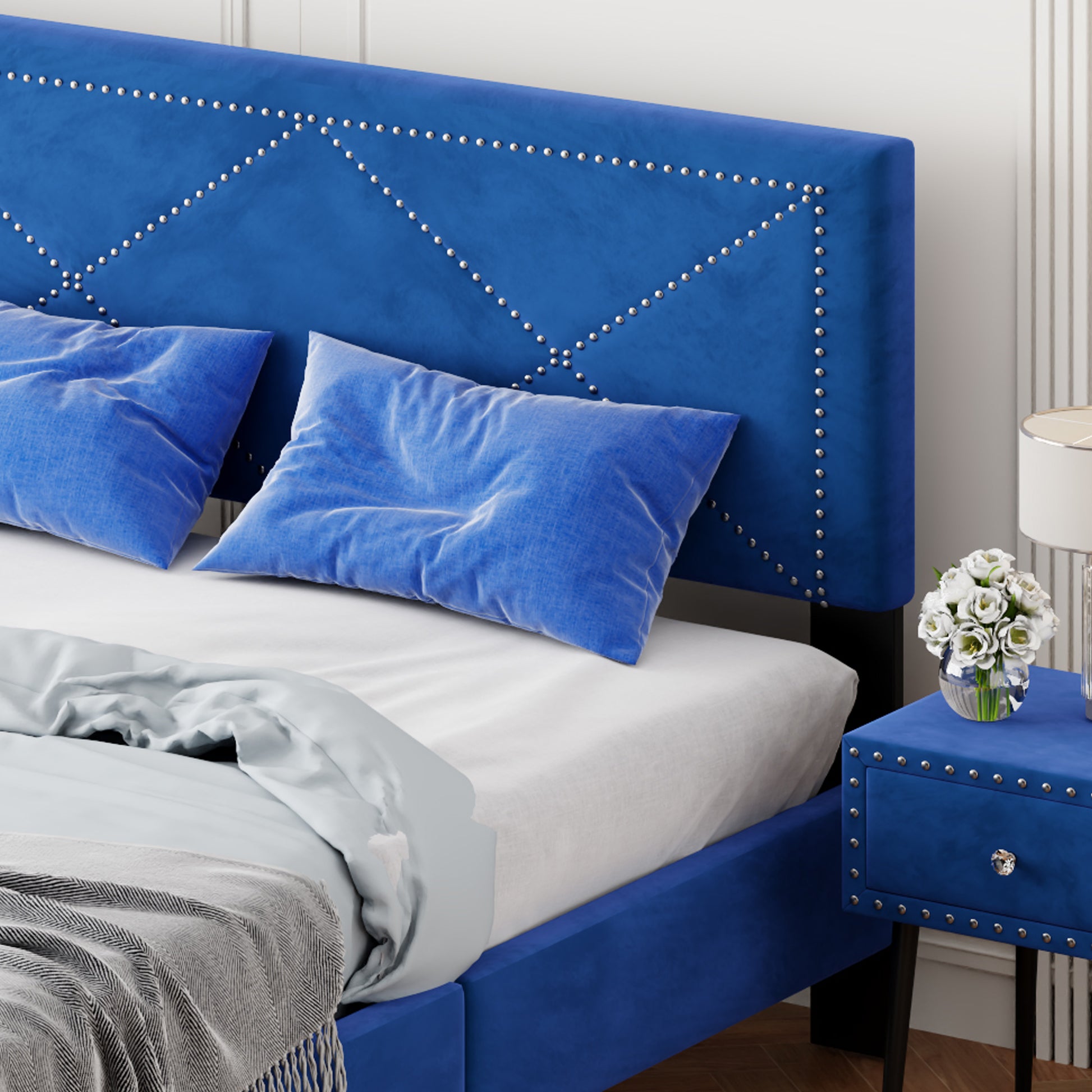 Simple Queen Size Upholstered Bed Frame With Rivet Design, Modern Velvet Platform Bed With Headboard, Blue Queen Blue Bedroom Bed Frame Velvet Solid Wood Mdf