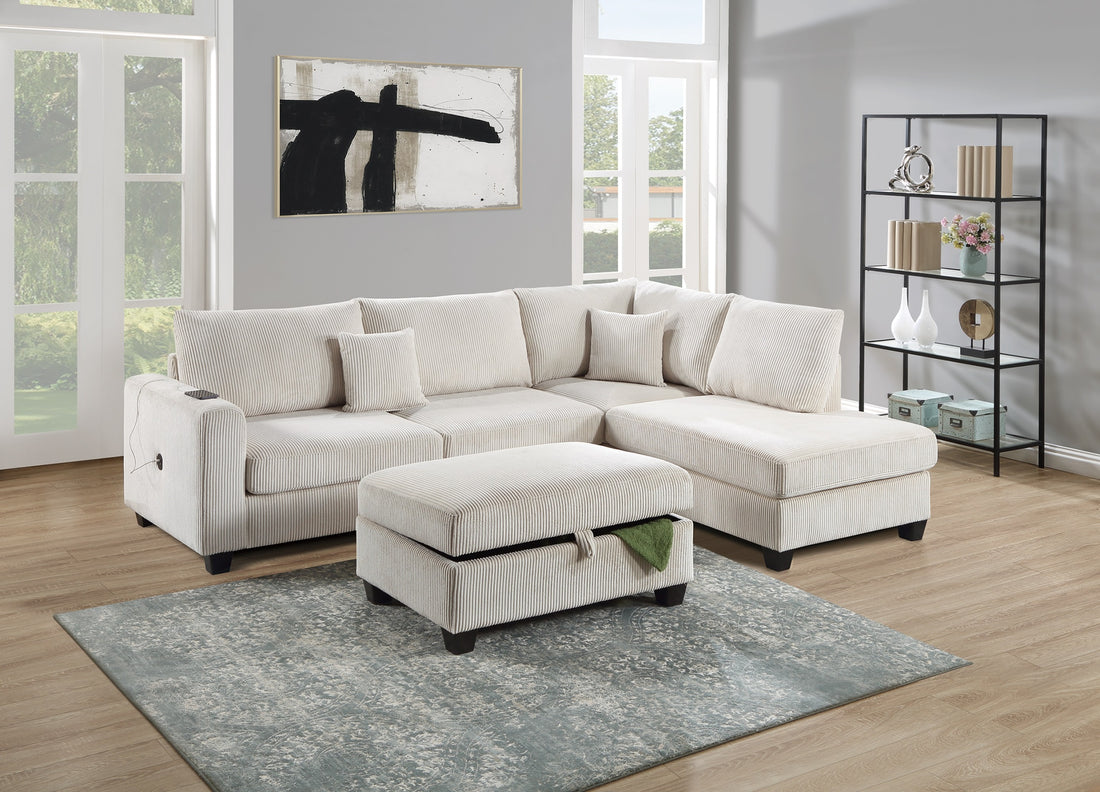 Ivory Color 3Pc Sectional Set Corduroy Upholstered Laf Sofa Raf Chaise Ottoman L Sectional Living Room Furniture Ivory Primary Living Space Cushion Back Contemporary,Modern L Shaped Rubberwood Corduroy 6 Seat