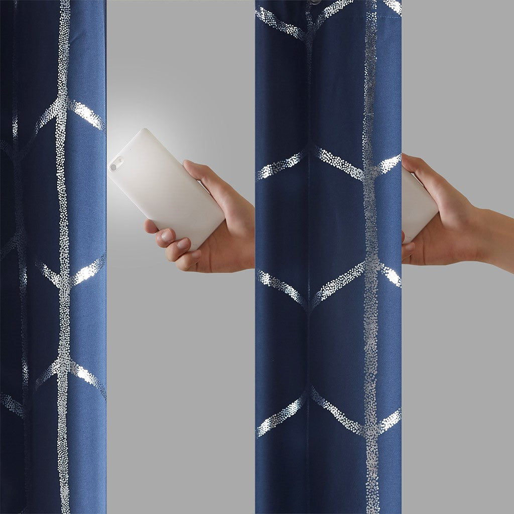 Total Blackout Metallic Print Grommet Top Curtain Panel Only 1 Pc Panel Navy Silver Polyester