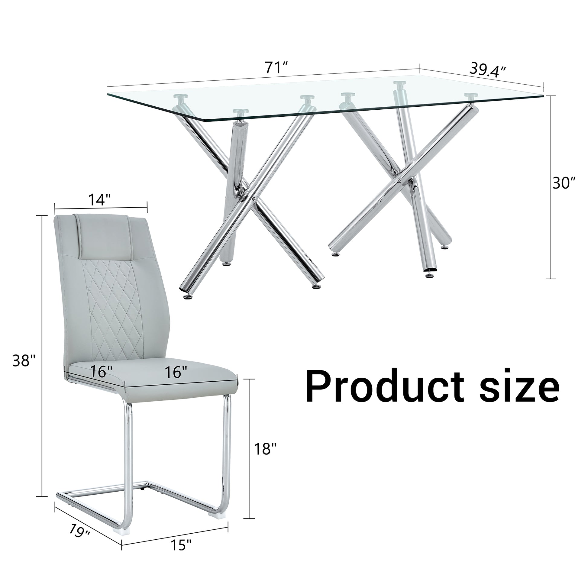 Table And Chair Set.Large Minimalist Rectangular Glass Dining Table For 6 8 With 0.39" Tempered Glass Tabletop And Silver Chrome Metal Legs.Paried With Comfortable Chairs With Pu Seats And Metal Legs. Silver Seats 6 Glass Metal