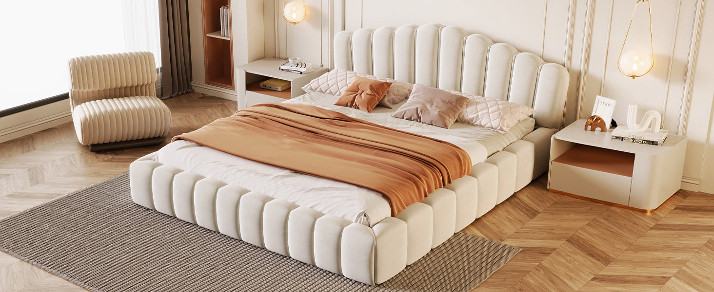 Velvet Upholstered Queen Bed Frame Floor Bed Shell Shaped Headboard For Bedroom,No Box Spring Needed,Beige Box Spring Not Required Queen Beige Wood Bedroom Contemporary Bed Frame Upholstered