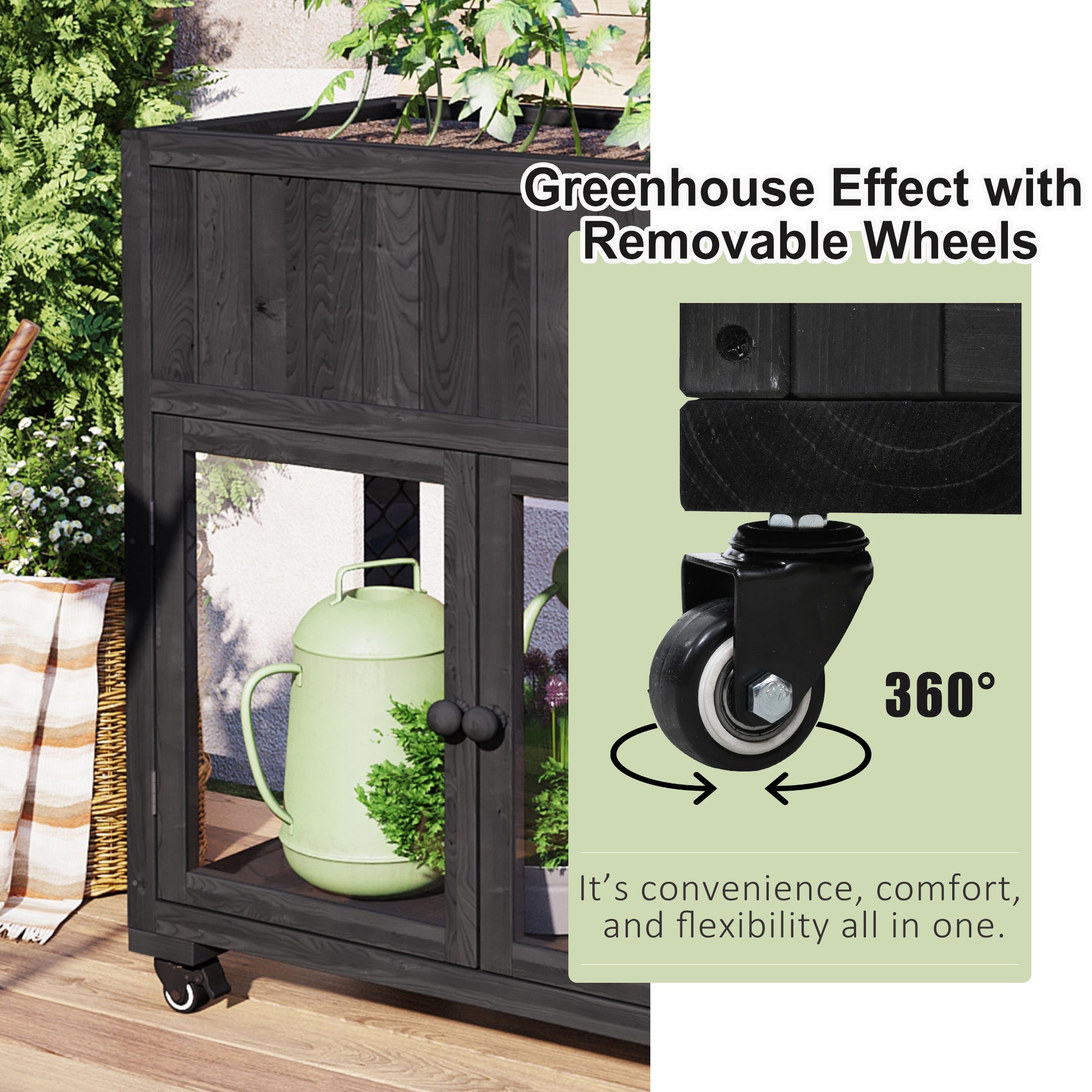 Patio 35.4''X17.7''X37.4'' Mini Wood Cold Frame, Compact 2 Doors Garden Greenhouse With Wheels, Raised Bed With Liner For Indoor Outdoor Use, Black Black Garden & Outdoor Casual Wood
