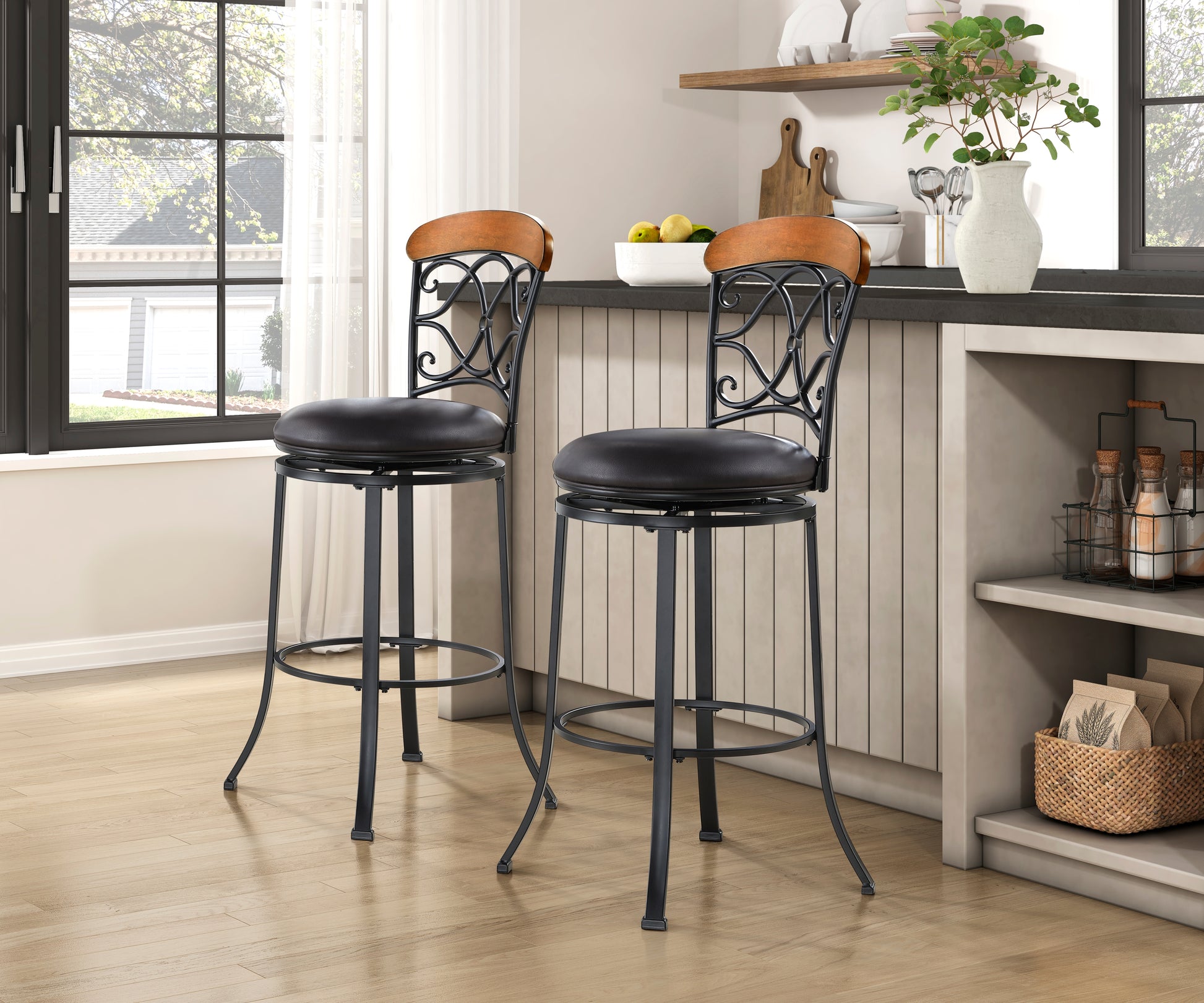 1Pc Pub Height Swivel Chair Faux Leather Upholstered Black Metal Frame Dining Furniture Black Dining Room Metal