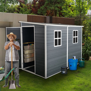 8X4Ft Outdoor Resin Garden Shed With Floor And 2 Windows, Plastic Patio Outdoor Storage Shed With Lockable Door For Garden Tools, Bicycles, Trash Cans, Dark Grey Dark Gray Garden & Outdoor Plastic