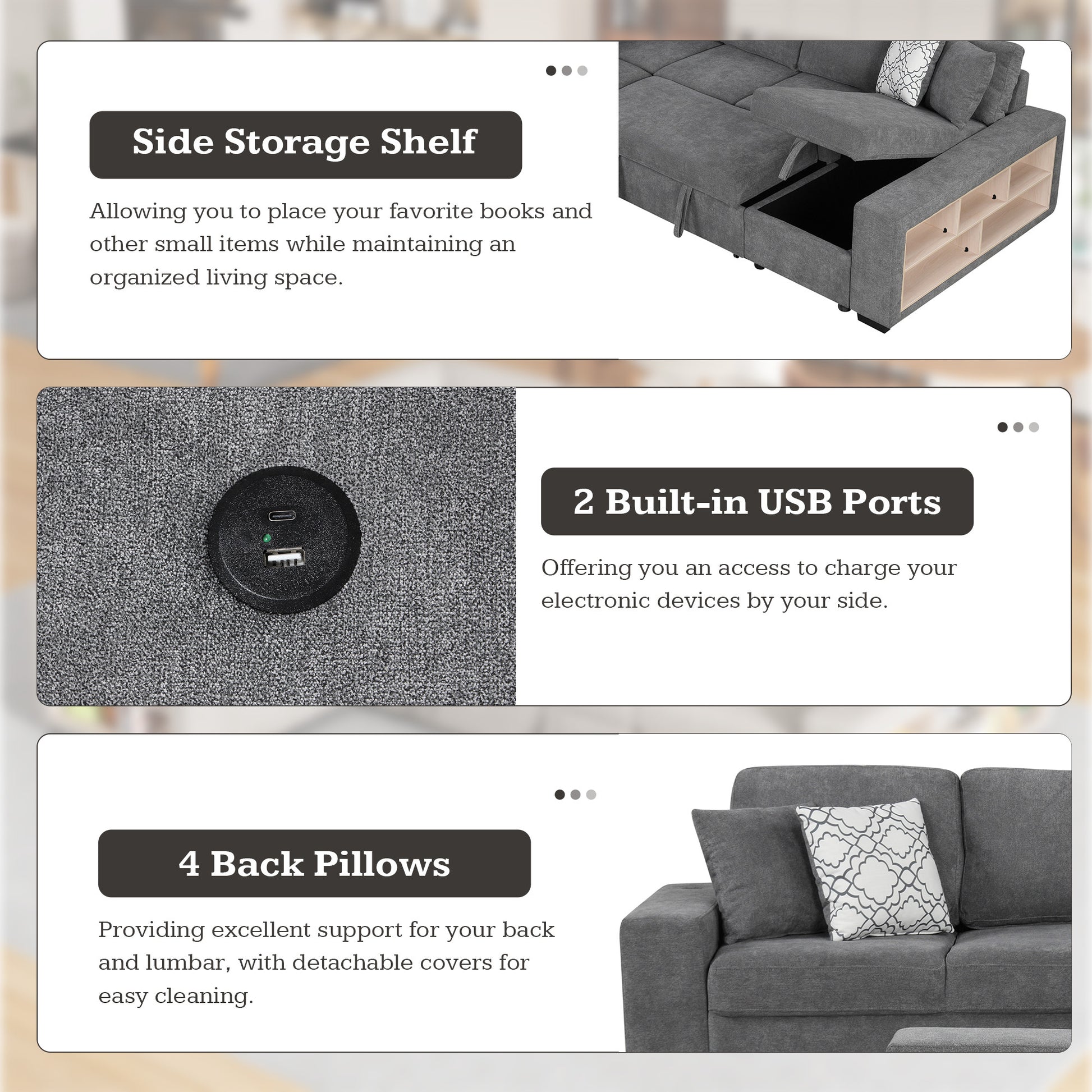 109" U Shaped Sectional Sofa Pull Out Sofa Bed With Two Usb Ports, A Storage Chaise Lounge And Four Back Pillows For Living Room, Grey Grey Foam Chenille 5 Seat