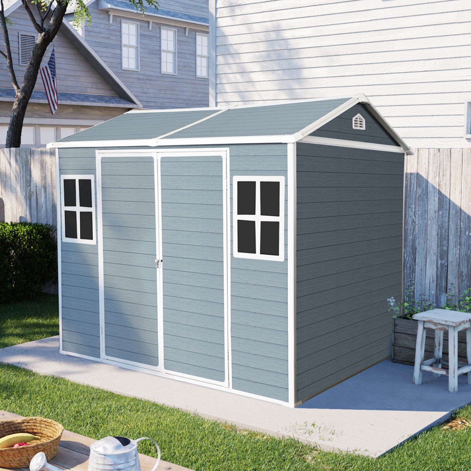 6X8Ft Resin Outdoor Storage Shed Waterproof Shed With Floor & Two Windows & Lockable Door, Tool Shed For Garden, Patio, Backyard,Gray Grey Polypropylene