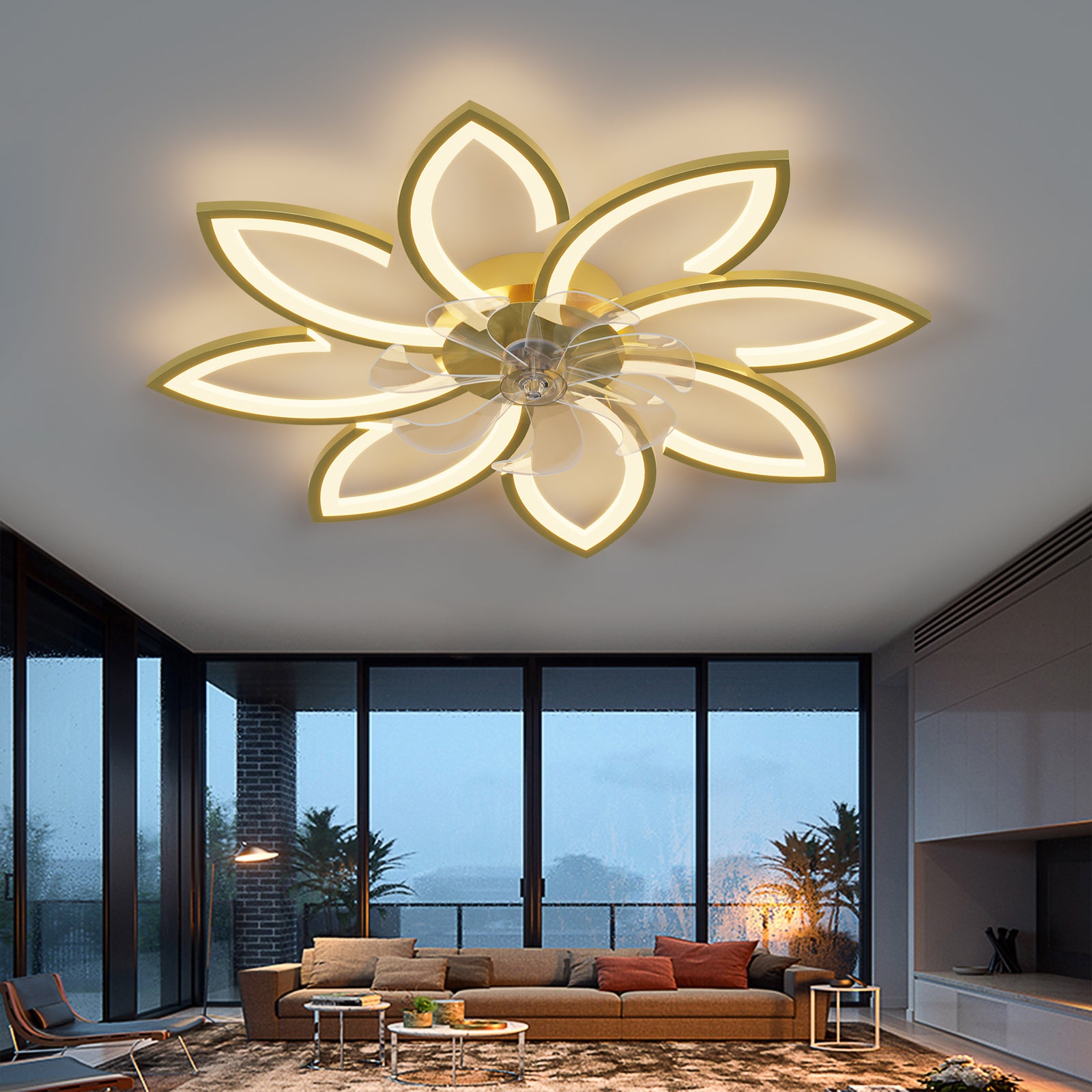 35Inches Ceiling Fan With Lights Remote Control Dimmable Led, 6 Gear Wind Speed Fan Light1 2 4H Timing Gold Modern Iron Plastic