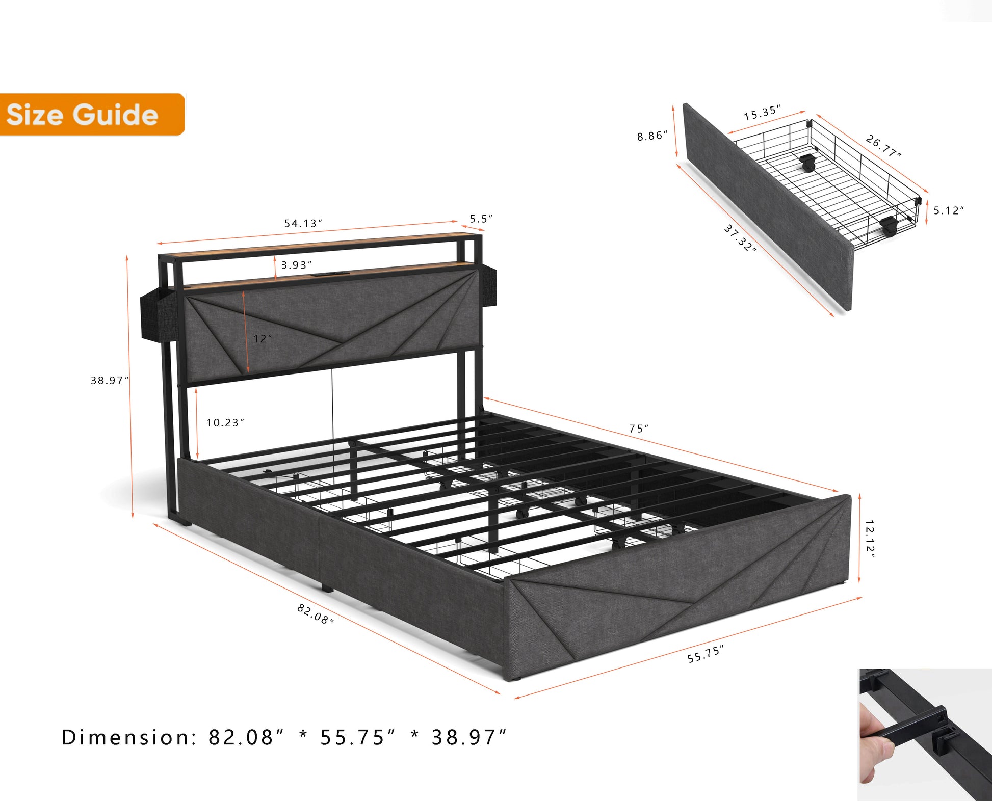 Full Bed Frame, Storage Headboard With Charging Station, Solid And Stable, Noise Free, No Box Spring Needed, Easy Assembly Box Spring Not Required Full Black Gray Metal Bedroom Bed Frame Mdf Metal