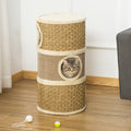 Pawhut 28 Inch Cat Condo, 3 Story Cat Hideaway With Sisal Scratching Pad, Barrel Shaped Small Cat Tree For Indoor Cats, Khaki And Brown Khaki Particle Board