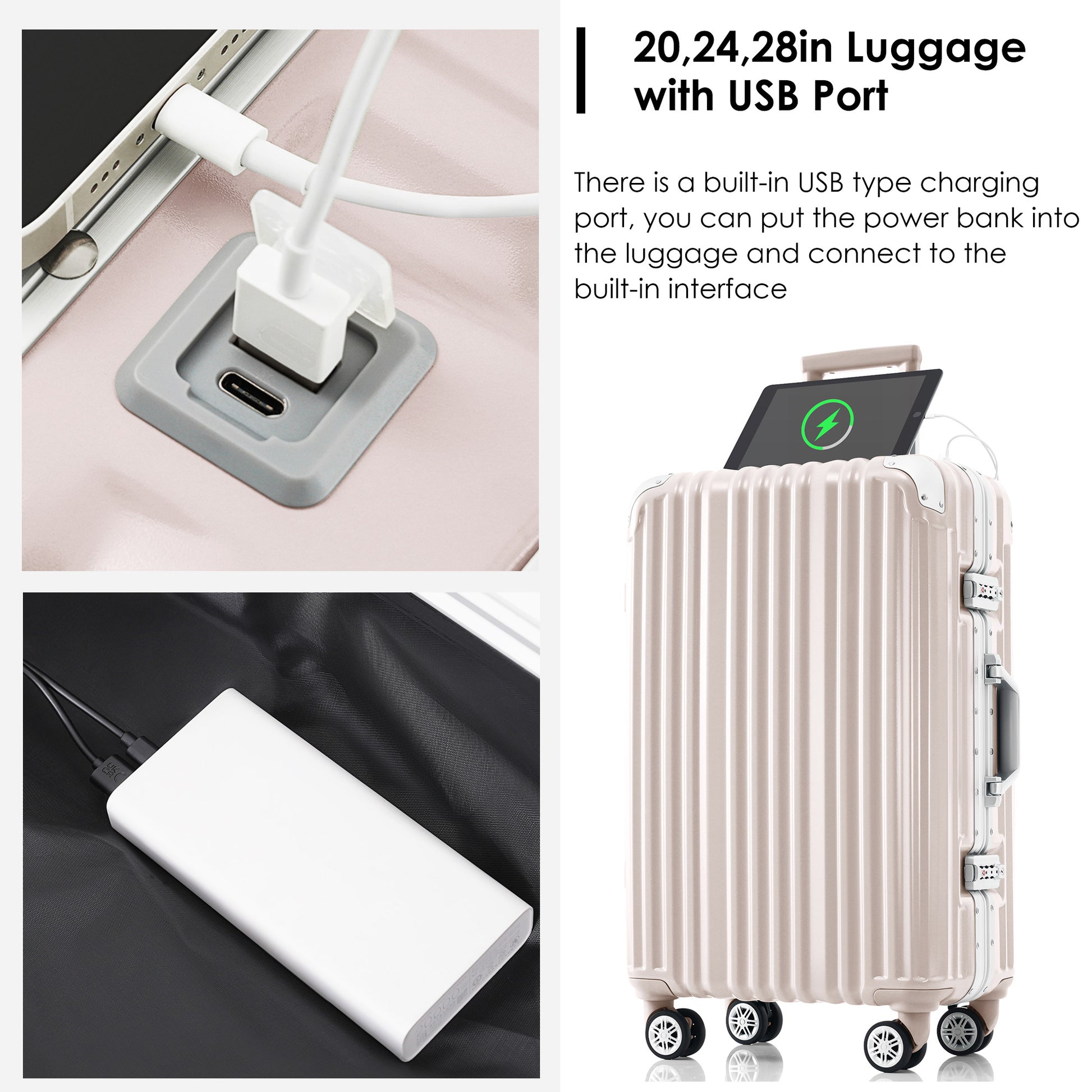 1Pc 20In Aluminum Frame Luggage With Usb Port, Vacation Carry On Suitcase With Spinner Wheels And Tsa Lock, Travel Trolley Case For Short Business Trips, Beach Holidays, Pink Pink Abs Pc