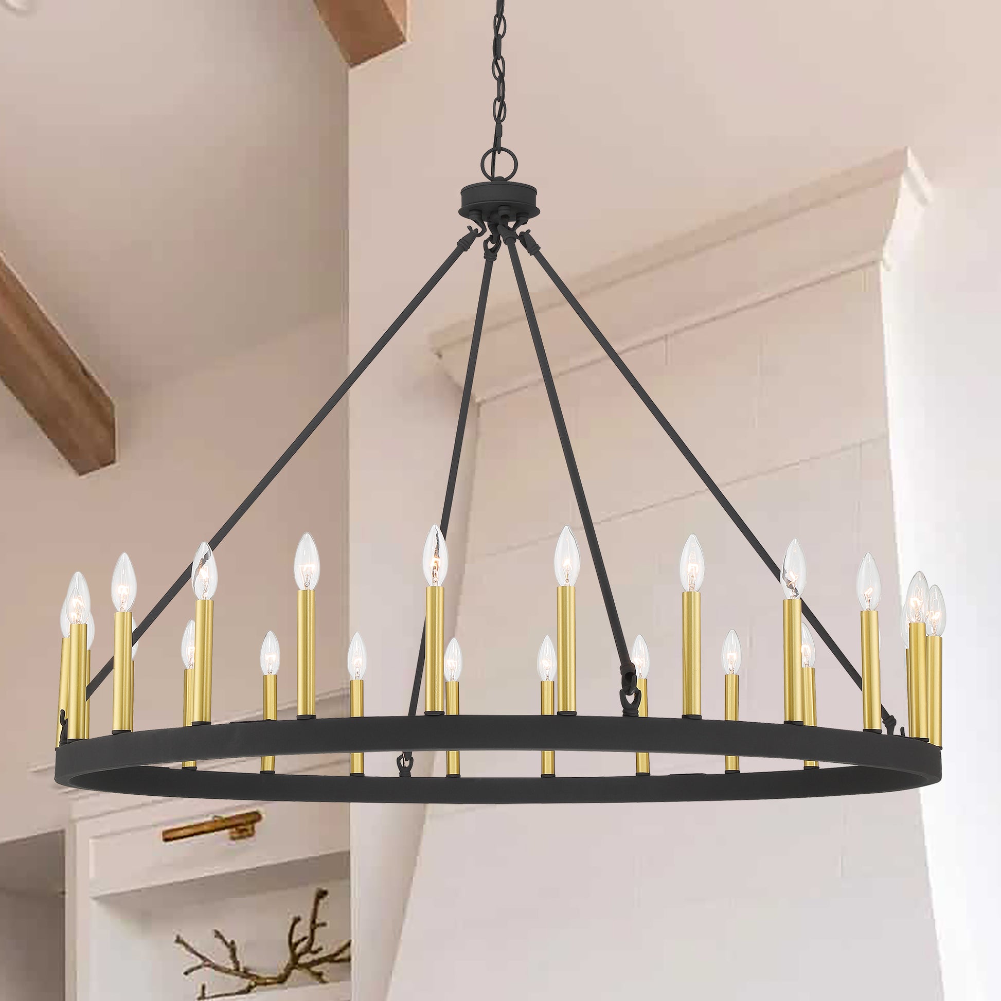 24 Light Steel Dimmable Candle Style Wagon Wheel Chandelier Ul Certified Antique Brass Black Ceiling Lights Steel Metal