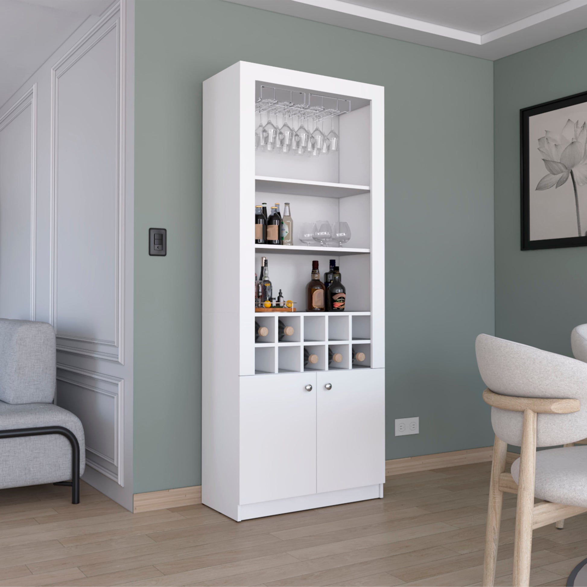 Nero 74 Inch Tall Bar Cabinet 4 Tier Modern Bar Cabinet With Glass Holder Stemware Rack, Wine Cabinet, Liquor Cabinet, 10 Bottle Cubbies And 4 Shelves. White Primary Living Space Modern Particle Board Shelves Included Engineered Wood