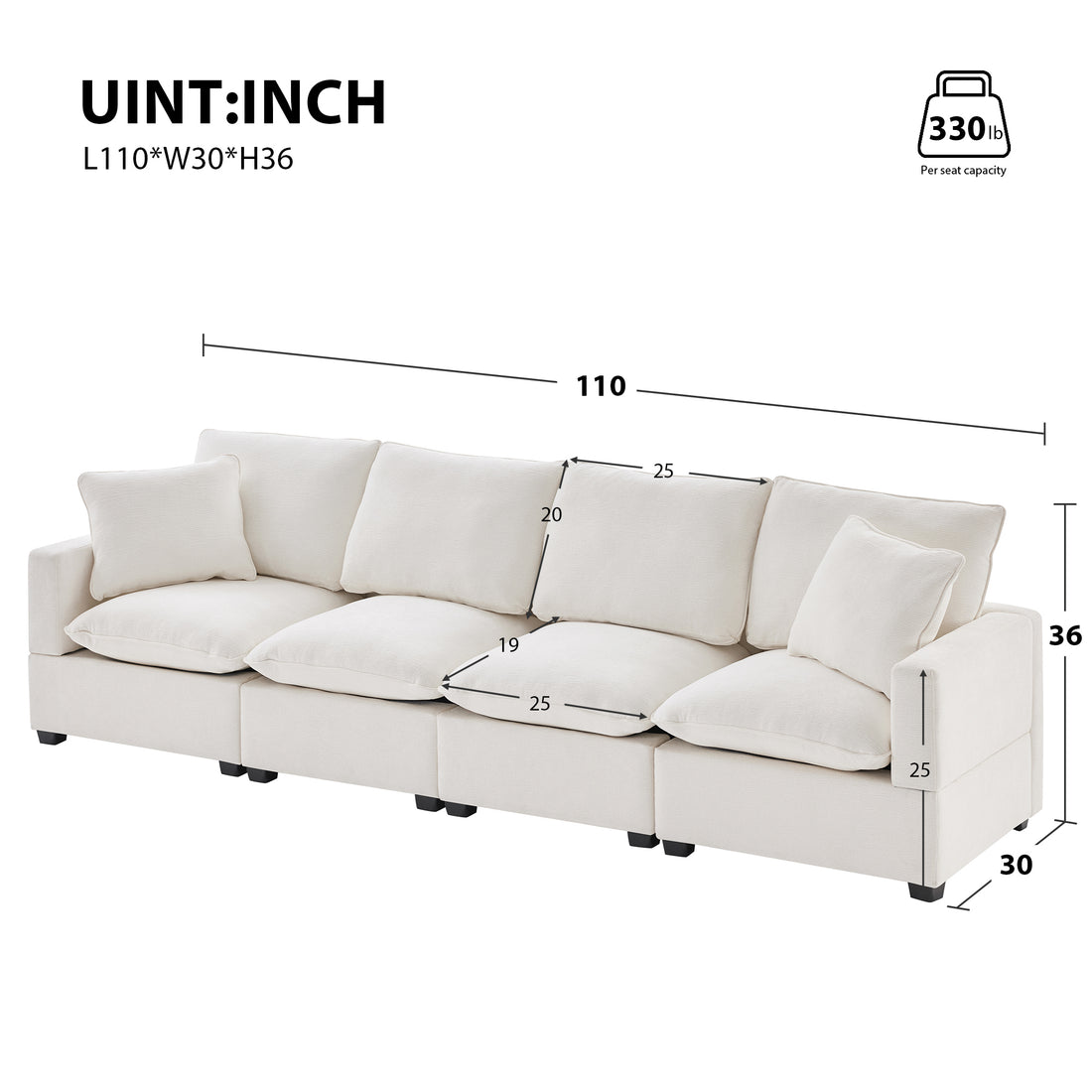 110*29" Modern Modular Sofa, 4 Seat Chenille Sectional Couch Set With 2 Pillows Included, Freely Combinable Indoor Funiture For Living Room, Apartment, Office, 2 Colors White Chenille 4 Seat