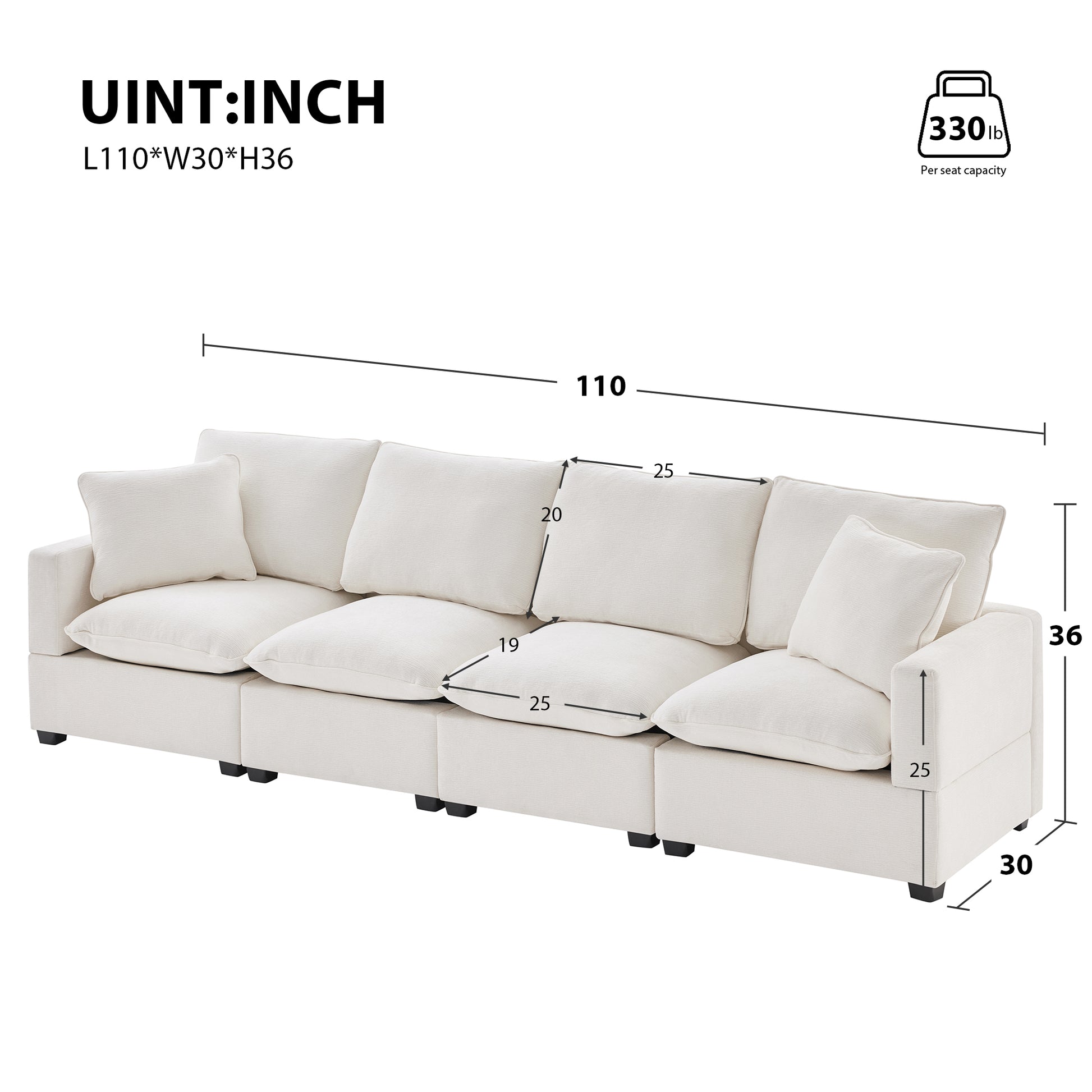 110*29" Modern Modular Sofa, 4 Seat Chenille Sectional Couch Set With 2 Pillows Included, Freely Combinable Indoor Funiture For Living Room, Apartment, Office, 2 Colors White Chenille 4 Seat