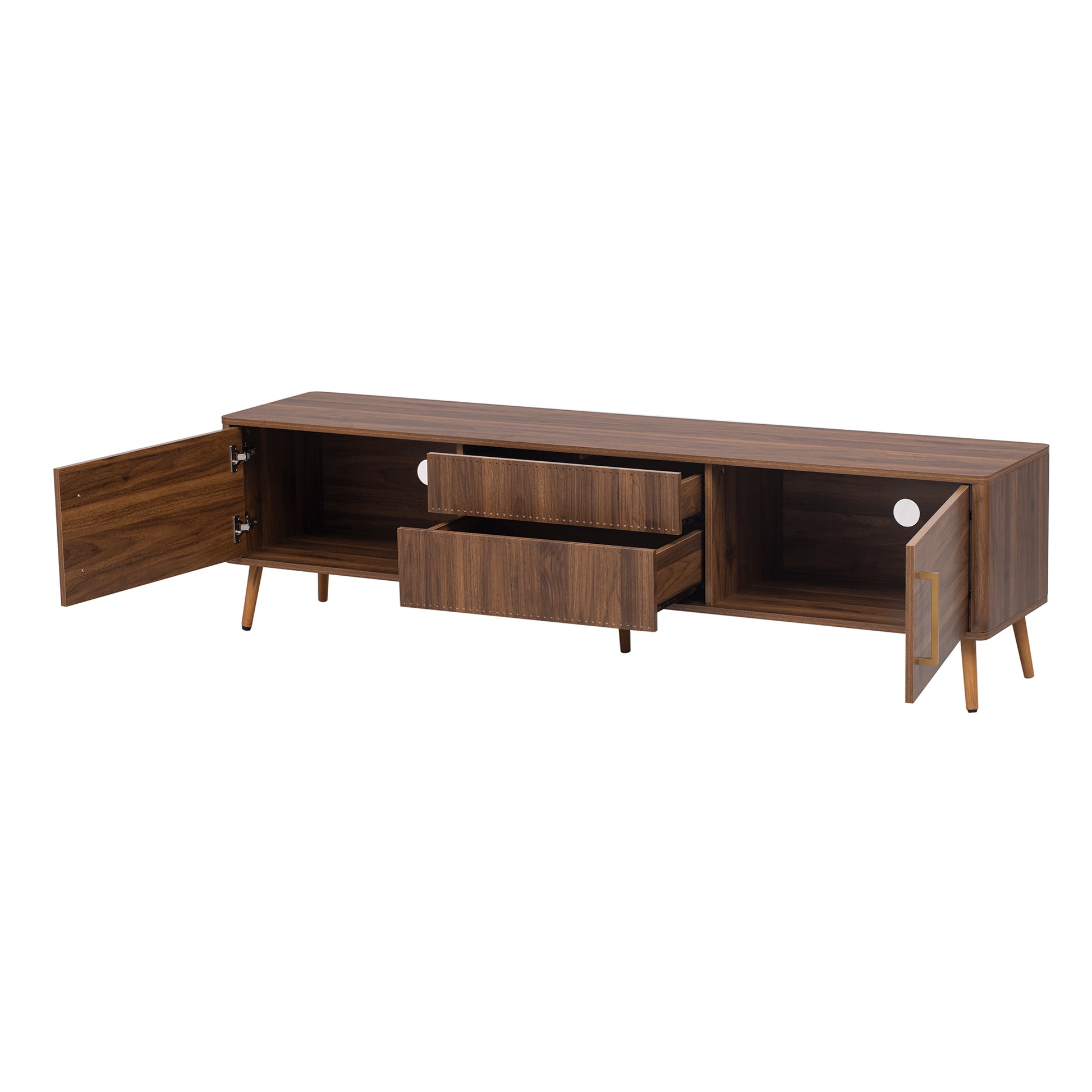 Mid Century Tv Stand With 2 Drawers, Media Console Table For Tvs Up To 80'', Entertainment Center With Storage For Living Room, Bedroom, Home Theatre Walnut Primary Living Space 70 79 Inches 70 79