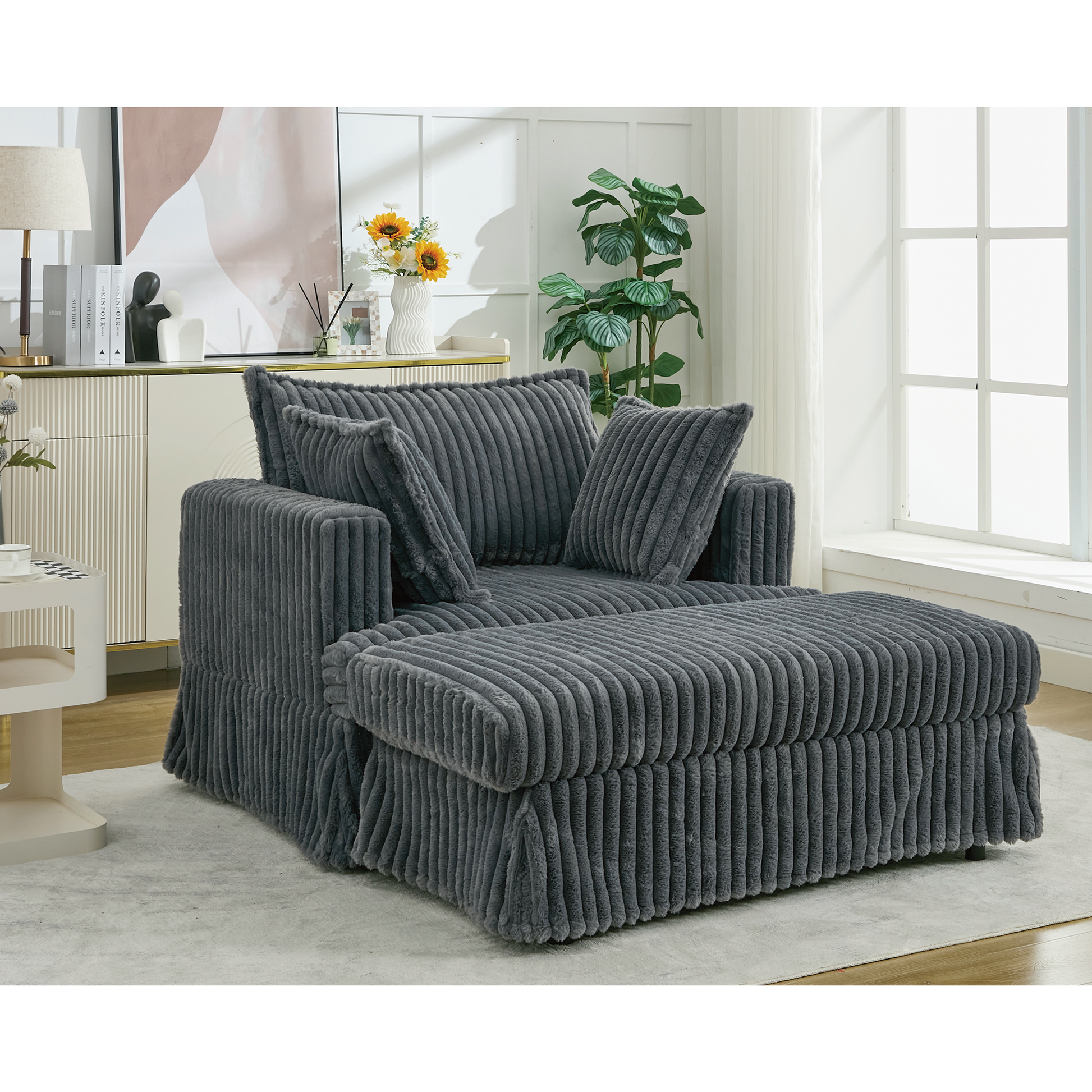 Arrived 47.7'' Oversized Corduroy Chaise Longue With Ottoman, Deep Seat Reclining Chair Sofa, Comfy Thicked Upholstered Pad Chair ,With Foot Stool ,Oversize, Movable Ottoman, Dark Gray Dark Gray