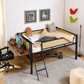 Single Metal Loft Bed With Rectangular Desk, Led Lights, Led Loft Bed Frame Double Bed With Storage Shelves And Hanging Storage Compartments, Safety Guard And Ladder, No Box Springs Required, Rattan G Full Black Brown Mdf Iron
