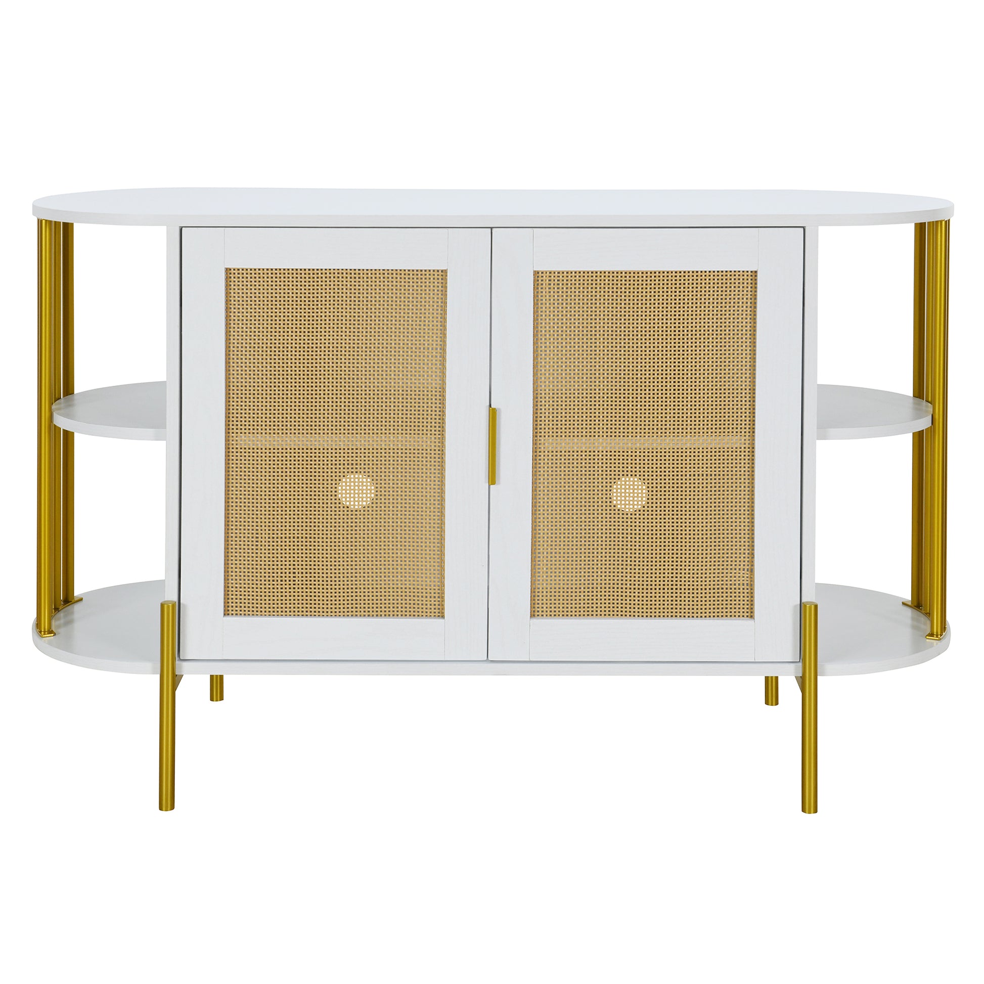 2 Door Elegant Curved Dining Cabinet With Gold Trim And Woven Rattan Doors For Dining Room White White Particle Board