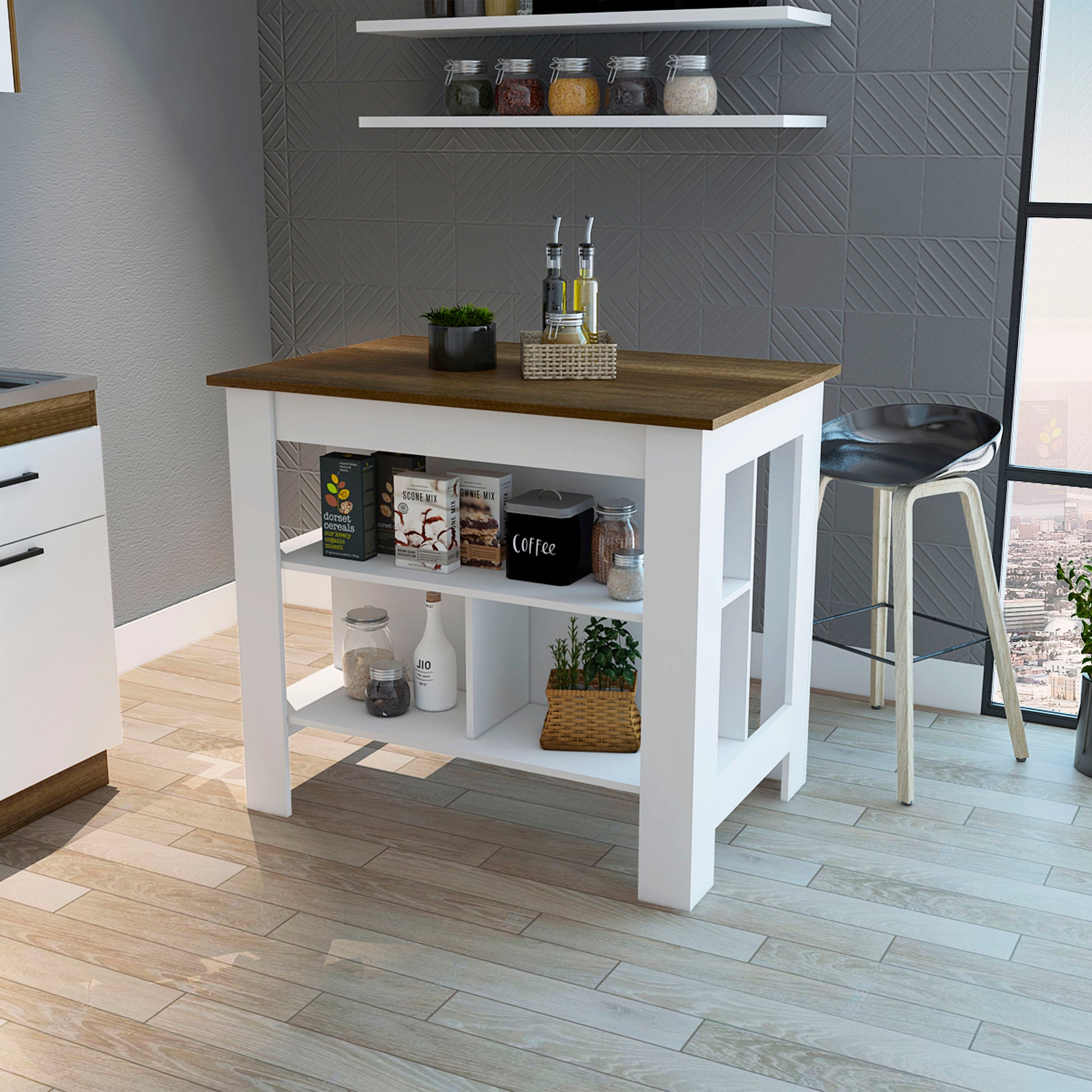 Brooklyn Kitchen Island, Three Concealed Shelves Multicolor Kitchen Modern Rectangular Kitchen Island Sets Melamine Engineered Wood