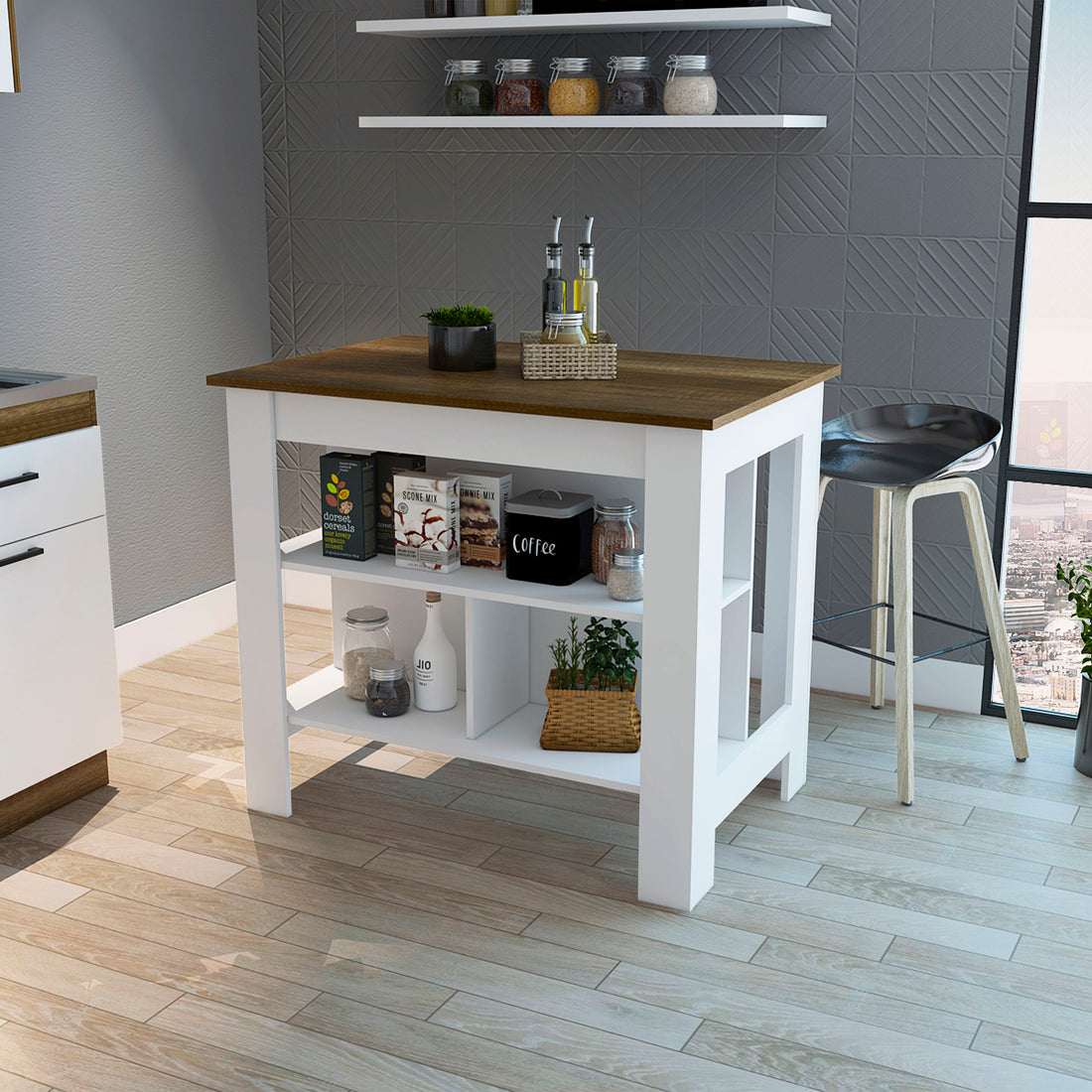 Cala Kitchen Island, Four Legs, Three Shelves White Walnut Multicolor Dining Room Modern Rectangular Stationary Kitchen Islands Particle Board Particle Board Medium 40 55In