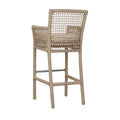 Zev 31 Inch Outdoor Bar Stool Chair, Rope Woven, Ivory Olefin Fabric Seat Brown Aluminum