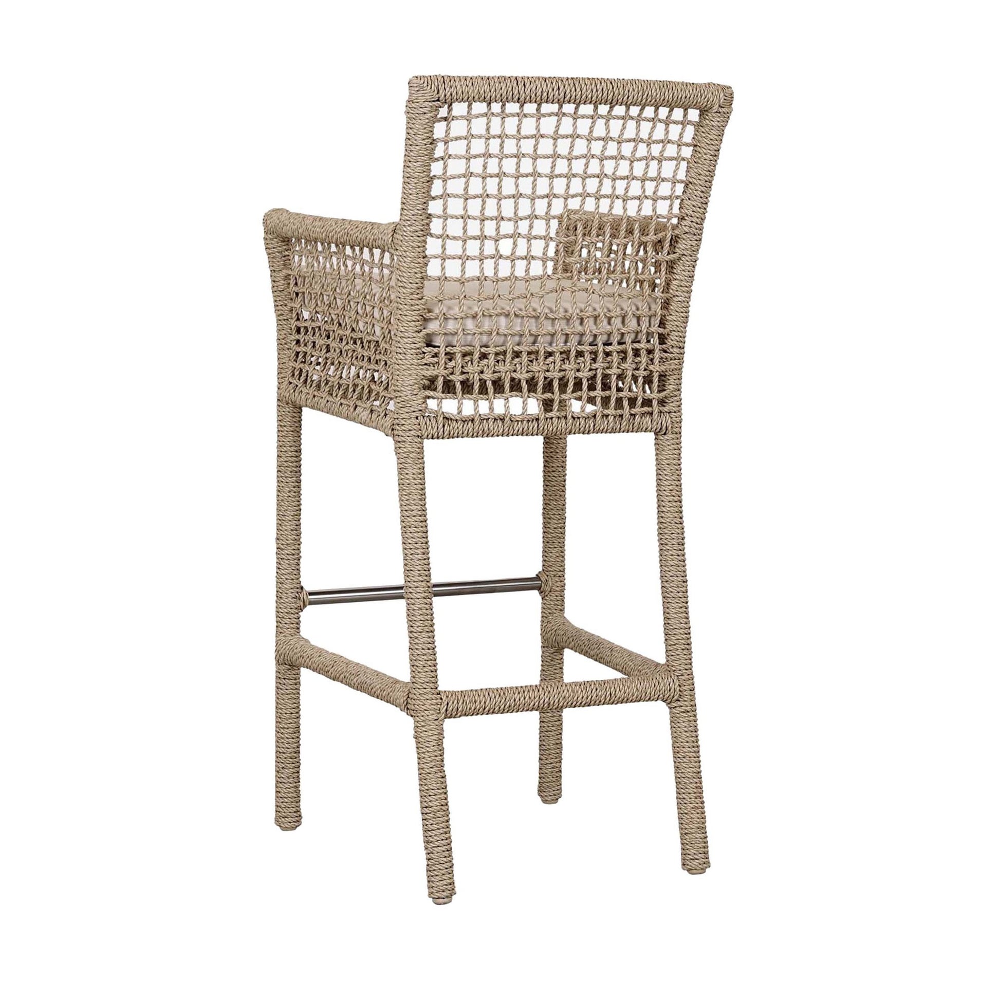 Zev 31 Inch Outdoor Bar Stool Chair, Rope Woven, Ivory Olefin Fabric Seat Brown Aluminum