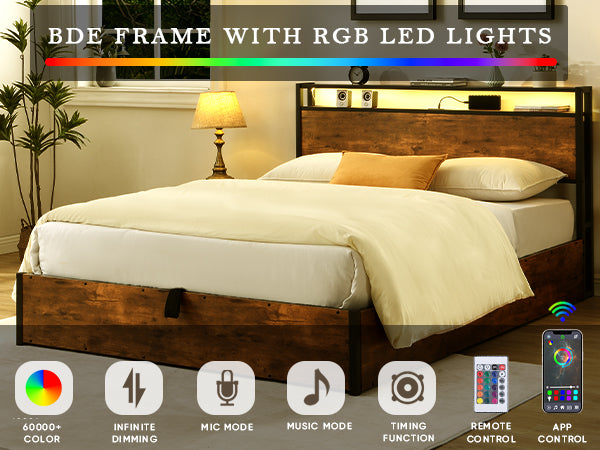 Lift Up Storage Bed Frame, Queen Size Bed Frame With Bookcase Headboard & Led Lights, Wooden Platform Bed Frame With Charging Station, No Spring Box Needed, Rustic Brown Box Spring Not Required Queen Rustic Brown Metal Brown Bedroom Industrial Bed Frame