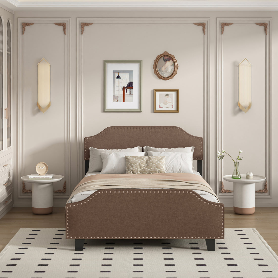 Upholstered Linen Queen Bed Frame, Platform Bed With Curved Shape Headboard And Footboard, Metal Frame With Wood Slat Support, Headboard Height Adjustable, No Box Spring Needed, Chocolate Box Spring Not Required Queen Chocolate Wood Bedroom Bed Frame